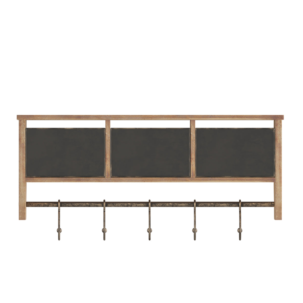 Daly Wall Mounted 24 Inch Solid Pine Wood Storage Rack with Upper Shelf, 5 Hanging Hooks, and Wire Baskets For Entryway, Kitchen, Bathroom