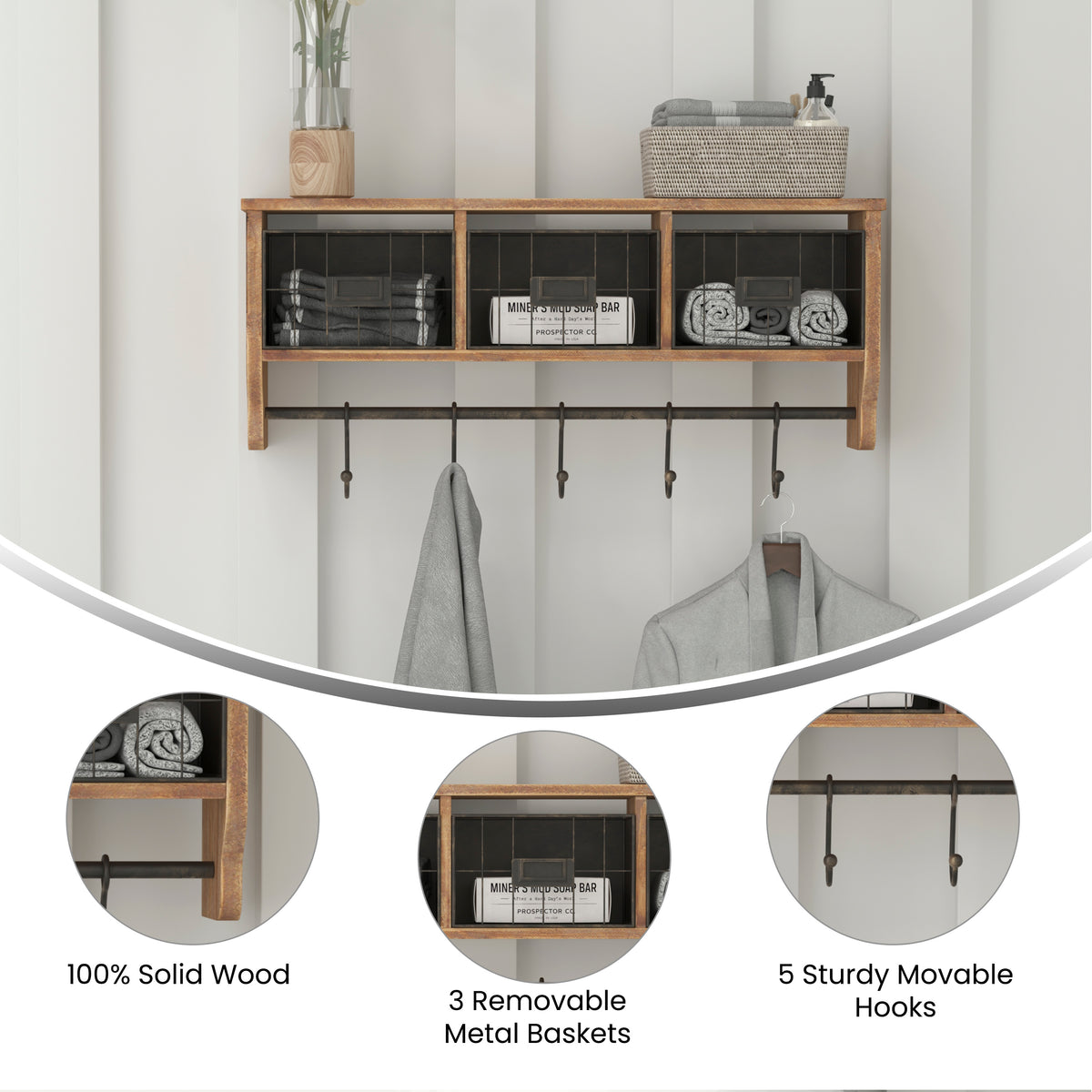 Daly Wall Mounted 24 Inch Solid Pine Wood Storage Rack with Upper Shelf, 5 Hanging Hooks, and Wire Baskets For Entryway, Kitchen, Bathroom