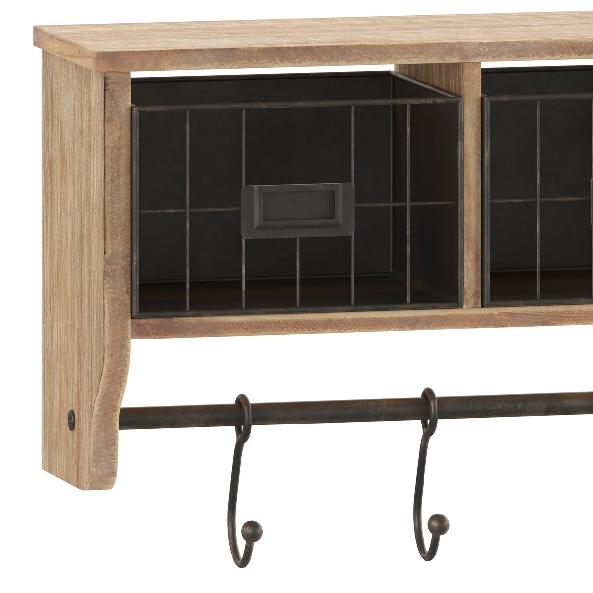 Daly Wall Mounted 24 Inch Solid Pine Wood Storage Rack with Upper Shelf, 5 Hanging Hooks, and Wire Baskets For Entryway, Kitchen, Bathroom