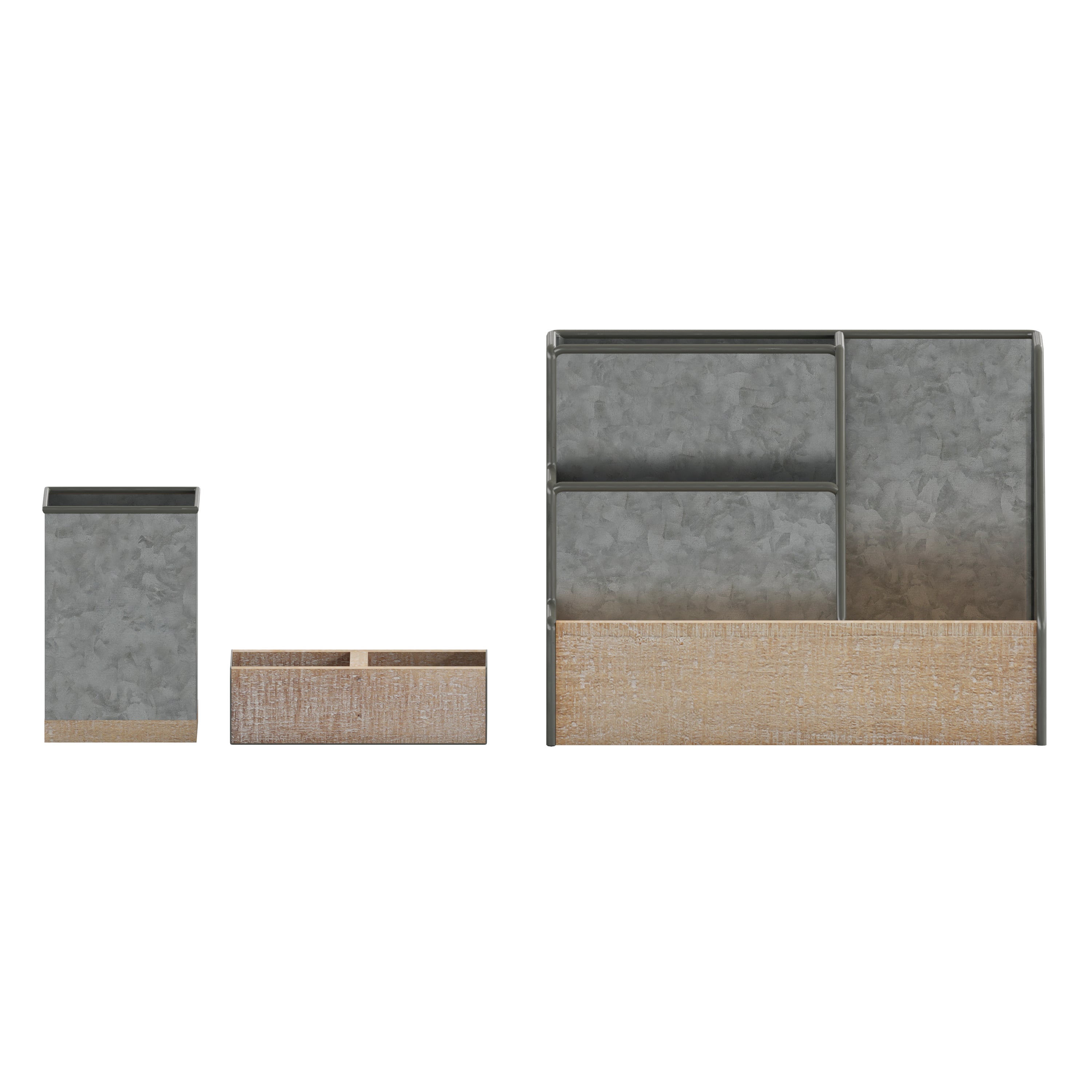 Comerford 3 Piece Metal and Wood Organizer Set For Desktop, Countertop, or Vanity
