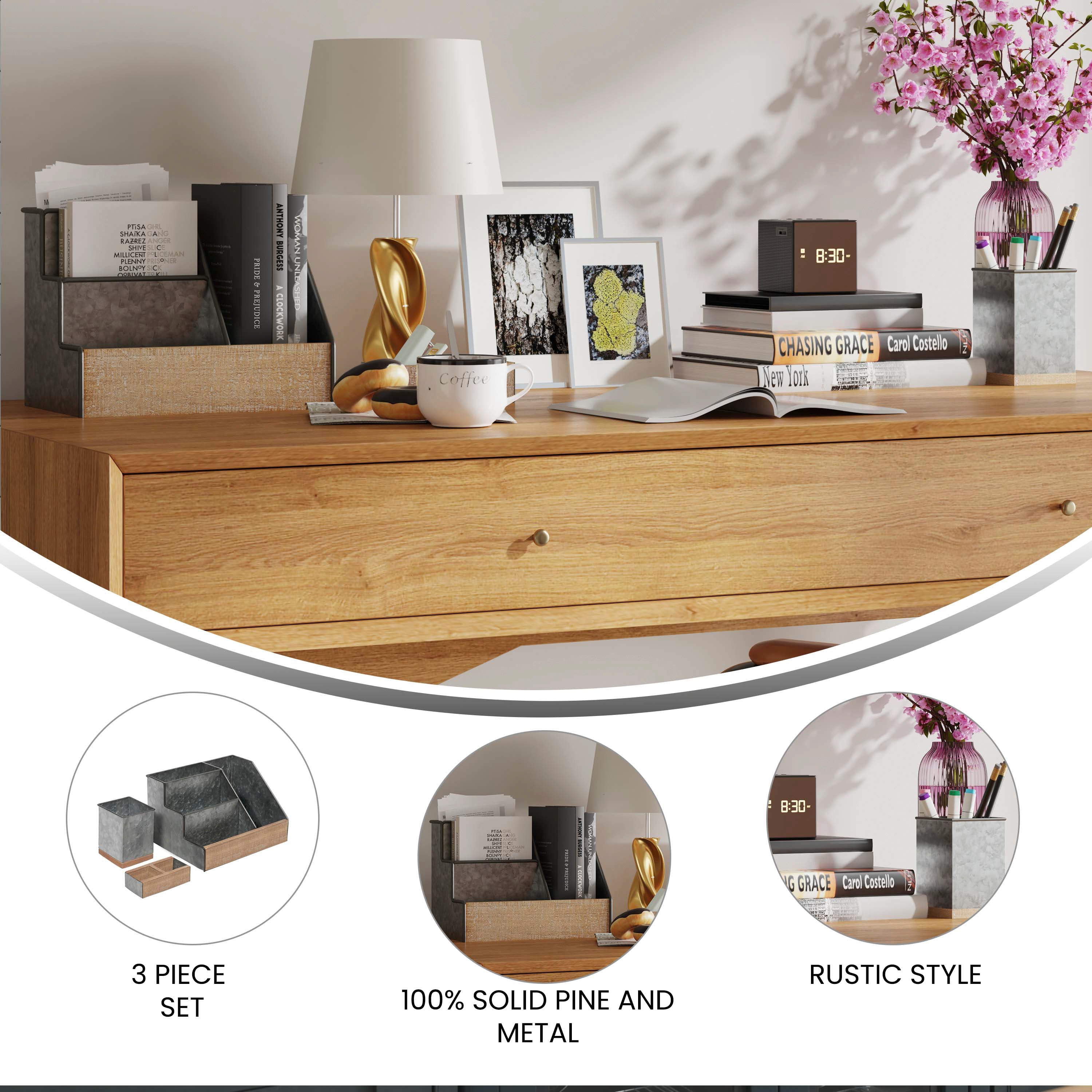 Comerford 3 Piece Metal and Wood Organizer Set For Desktop, Countertop, or Vanity