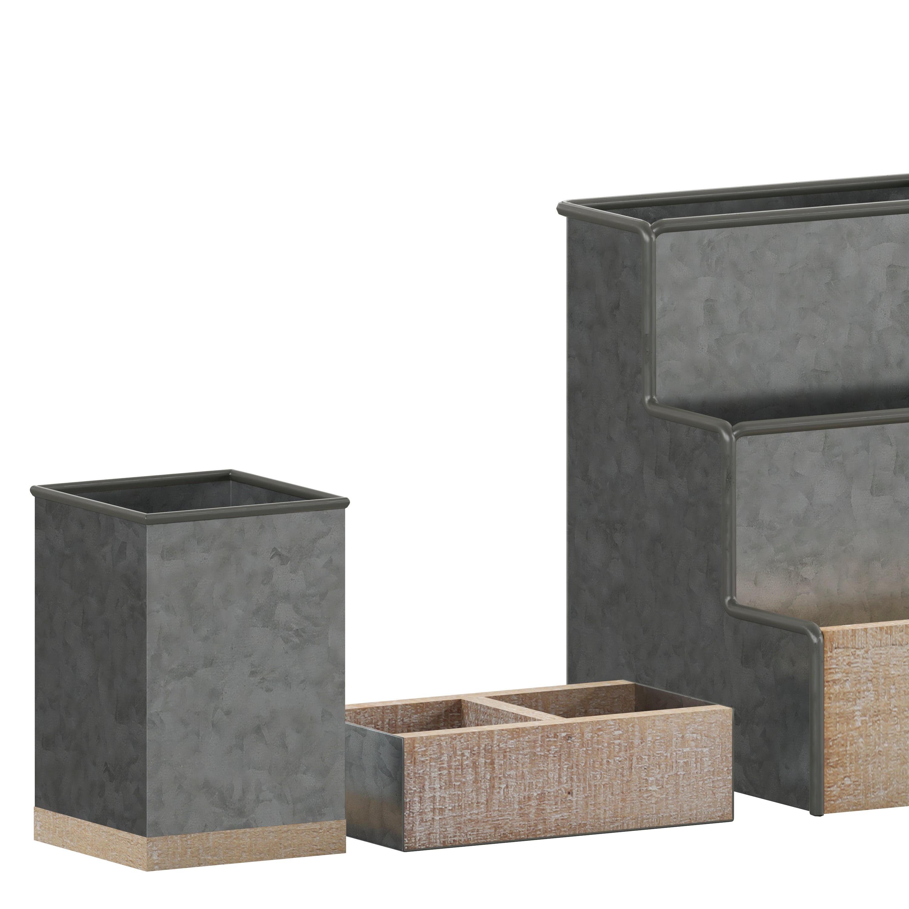 Comerford 3 Piece Metal and Wood Organizer Set For Desktop, Countertop, or Vanity