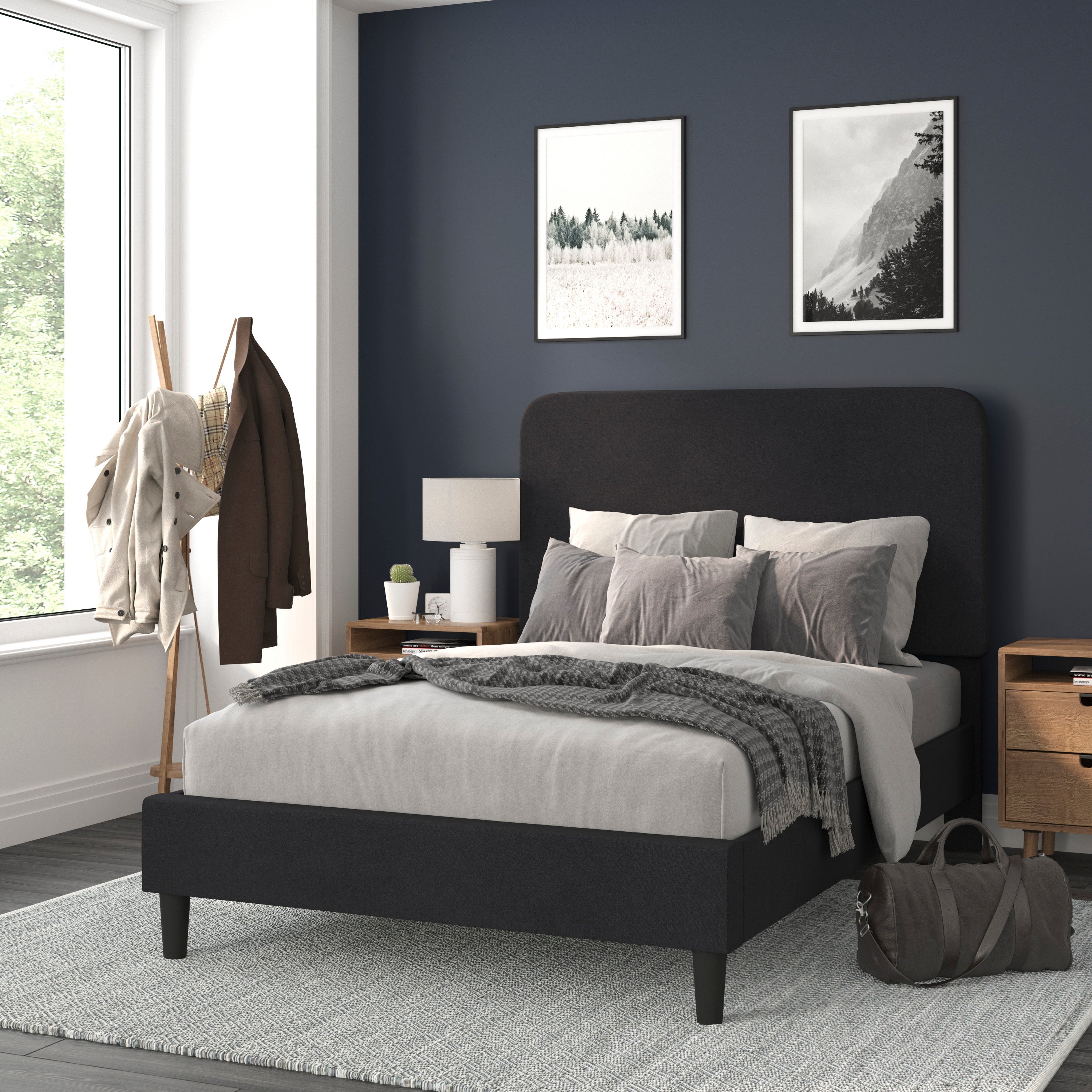 Addison Upholstered Platform Bed - Headboard with Rounded Edges - No Box Spring or Foundation Needed