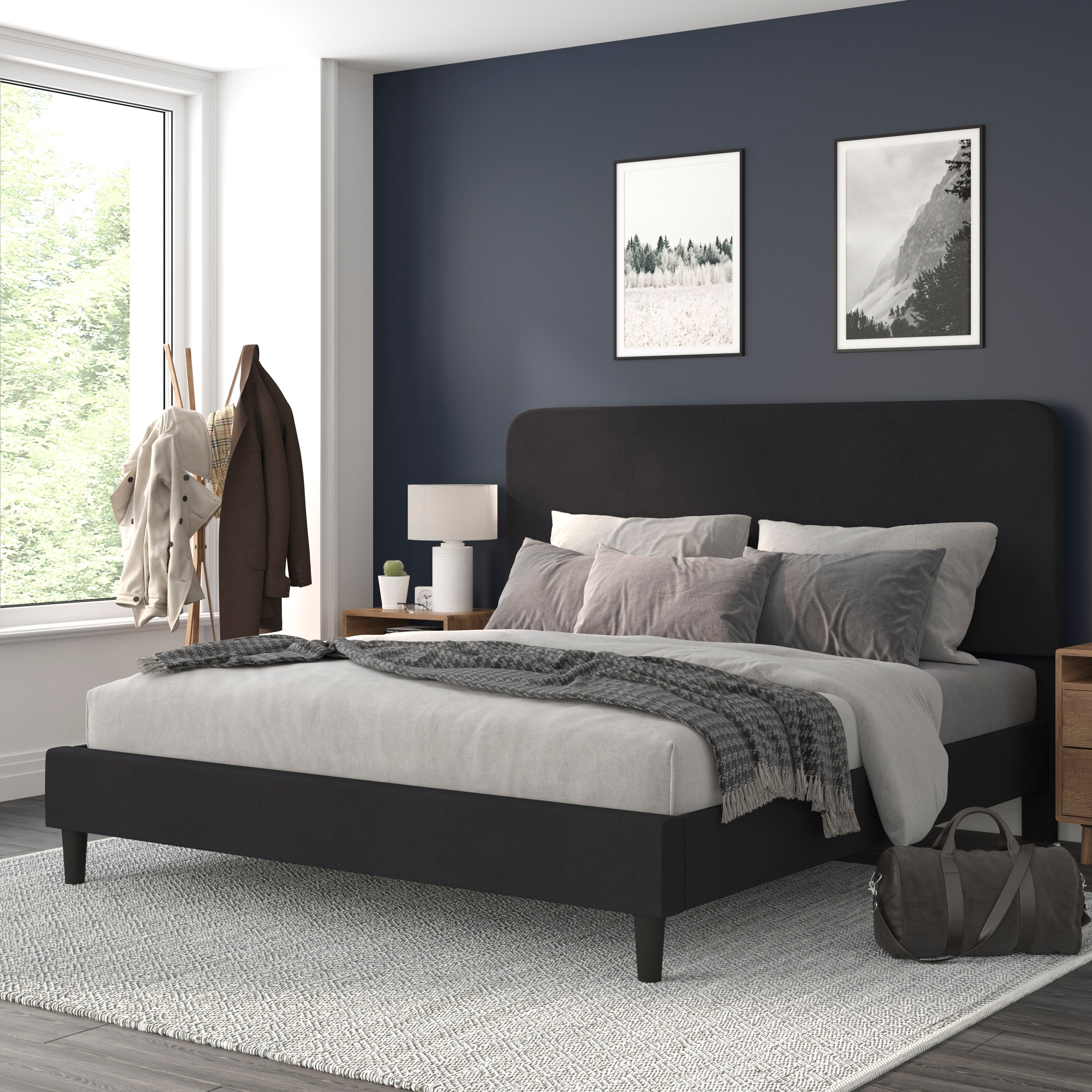 Addison Upholstered Platform Bed - Headboard with Rounded Edges - No Box Spring or Foundation Needed