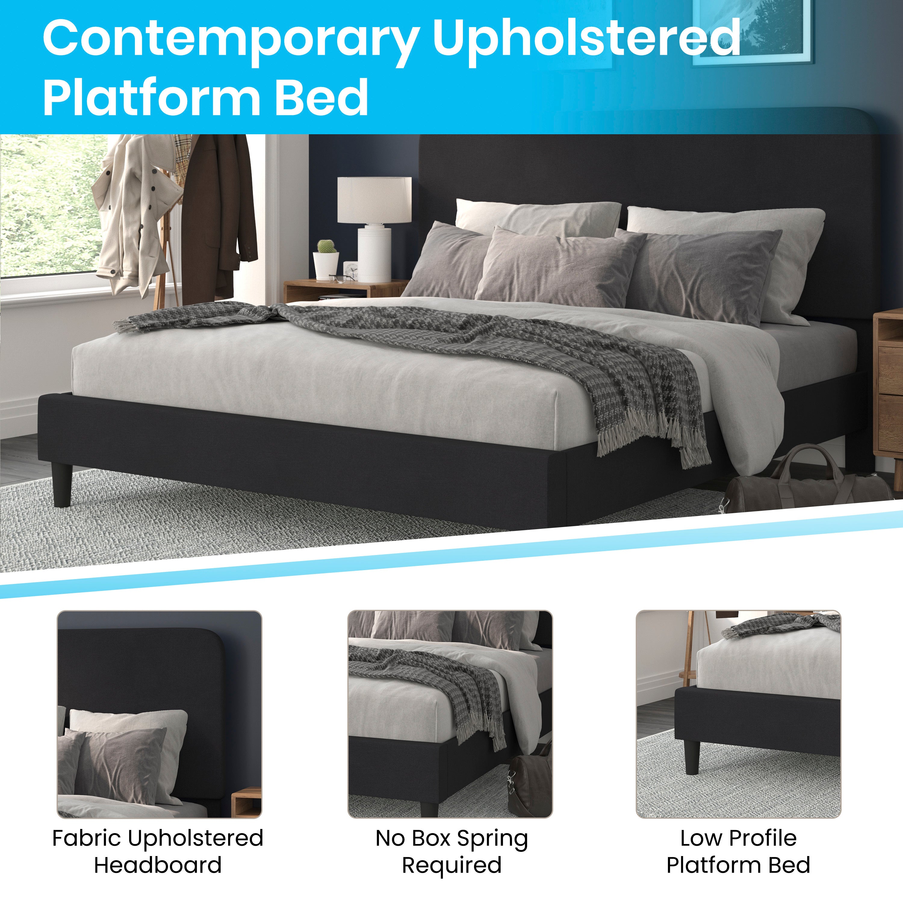 Addison Upholstered Platform Bed - Headboard with Rounded Edges - No Box Spring or Foundation Needed
