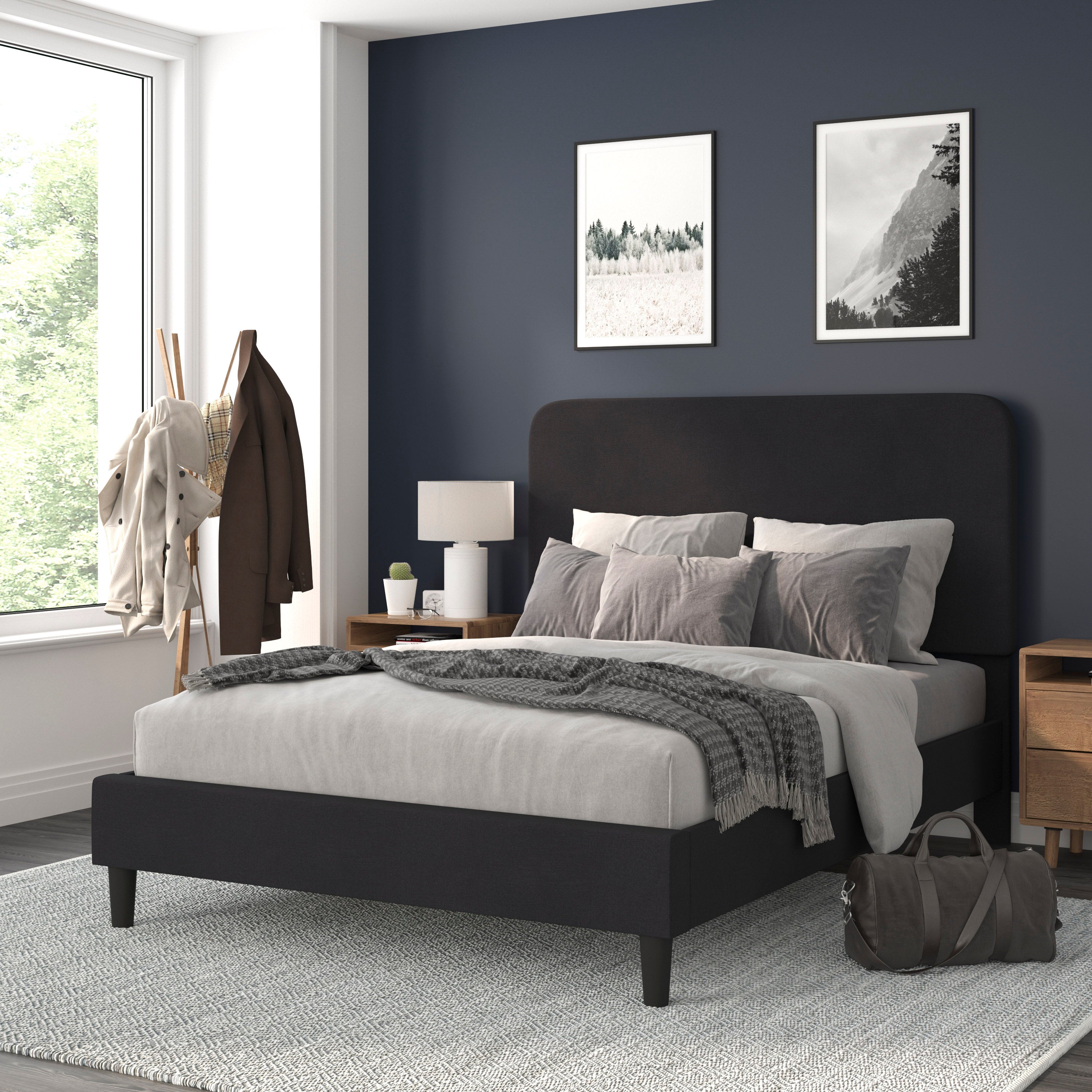 Addison Upholstered Platform Bed - Headboard with Rounded Edges - No Box Spring or Foundation Needed