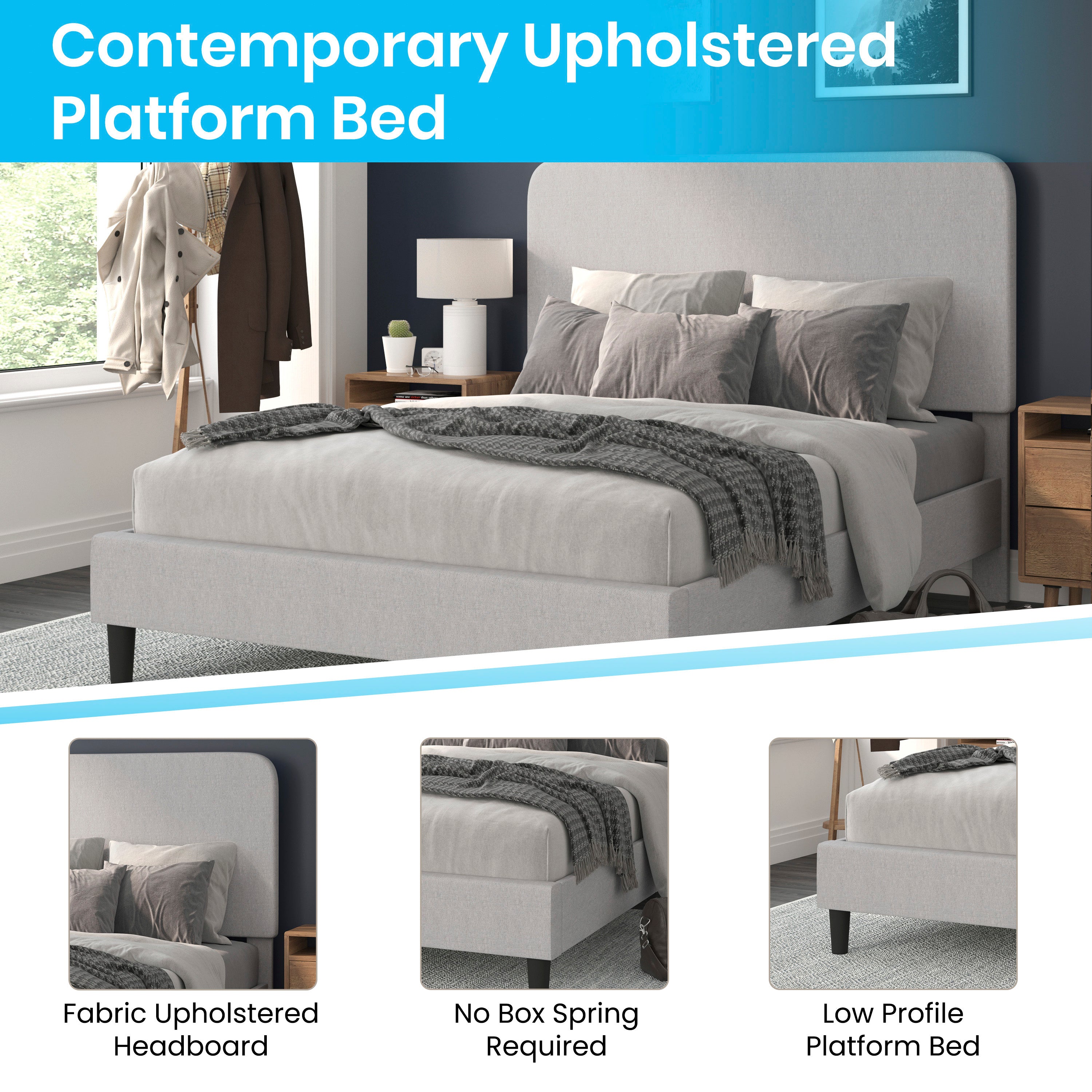 Addison Upholstered Platform Bed - Headboard with Rounded Edges - No Box Spring or Foundation Needed