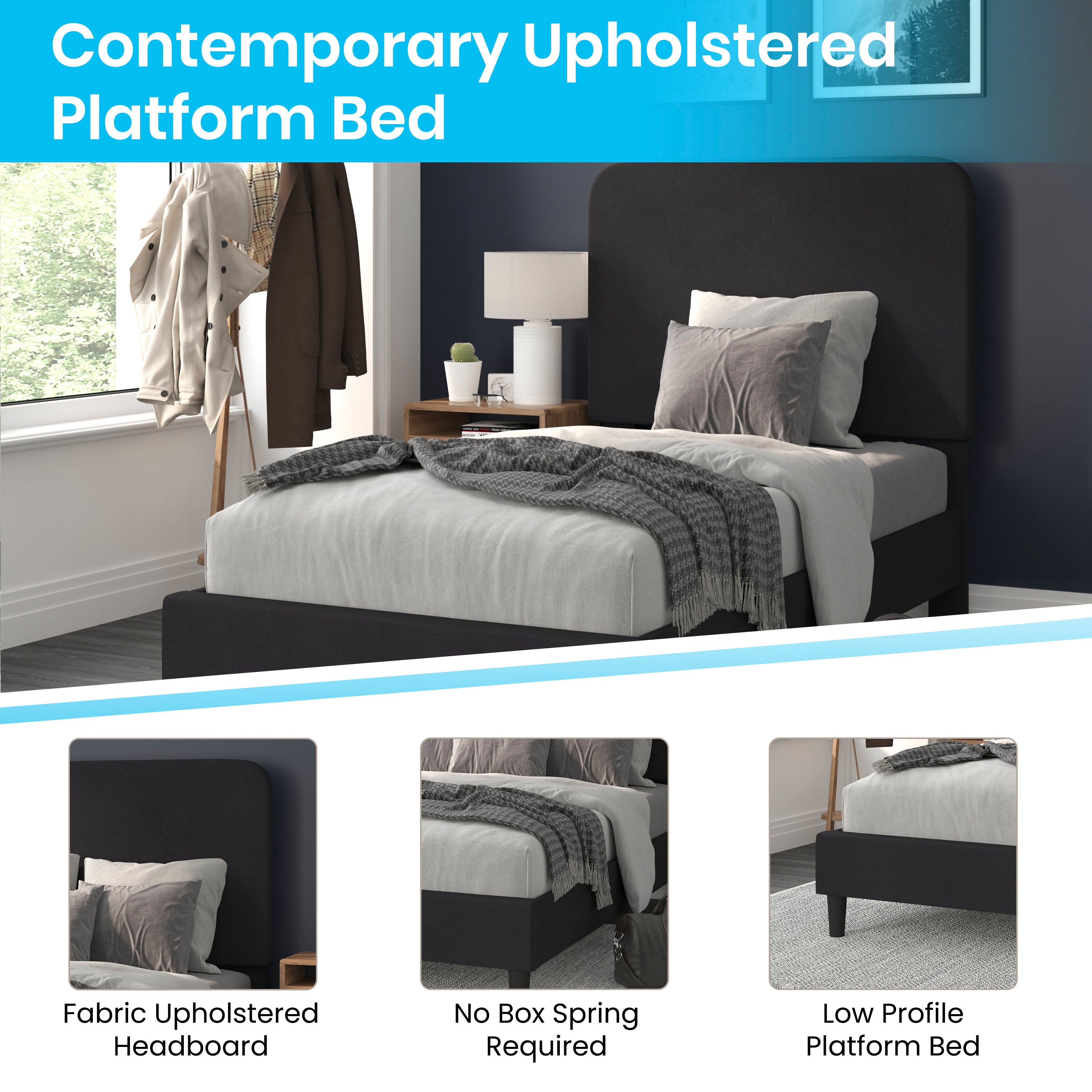 Addison Upholstered Platform Bed - Headboard with Rounded Edges - No Box Spring or Foundation Needed