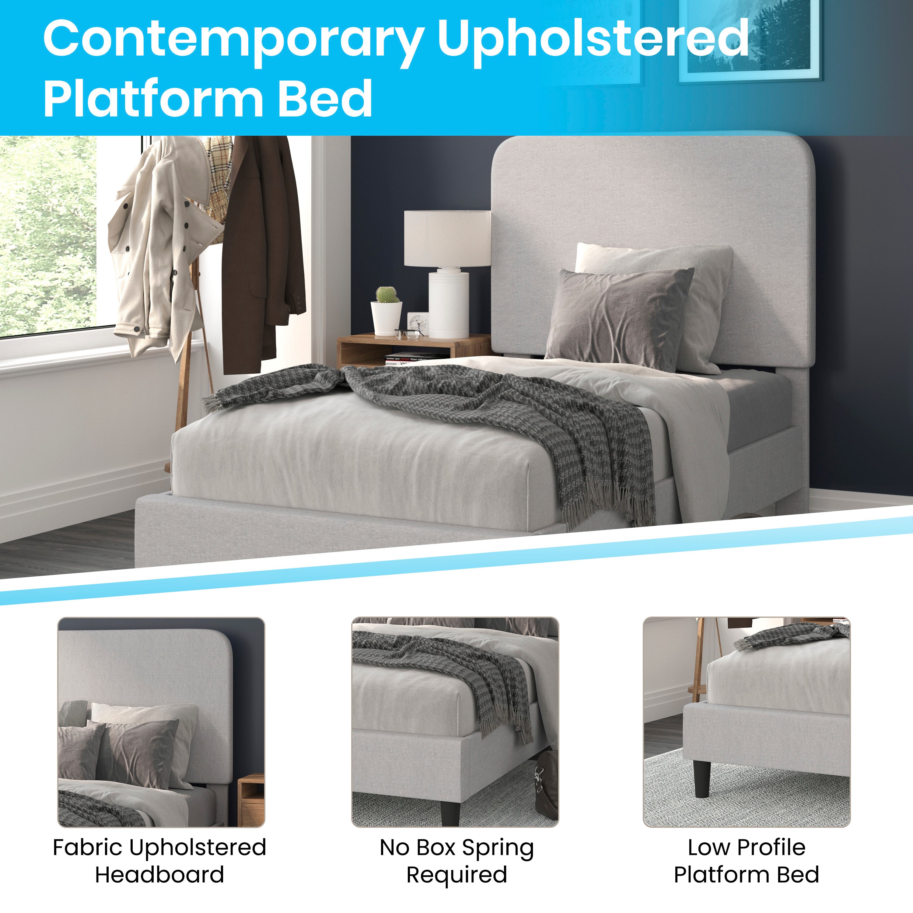 Addison Upholstered Platform Bed - Headboard with Rounded Edges - No Box Spring or Foundation Needed