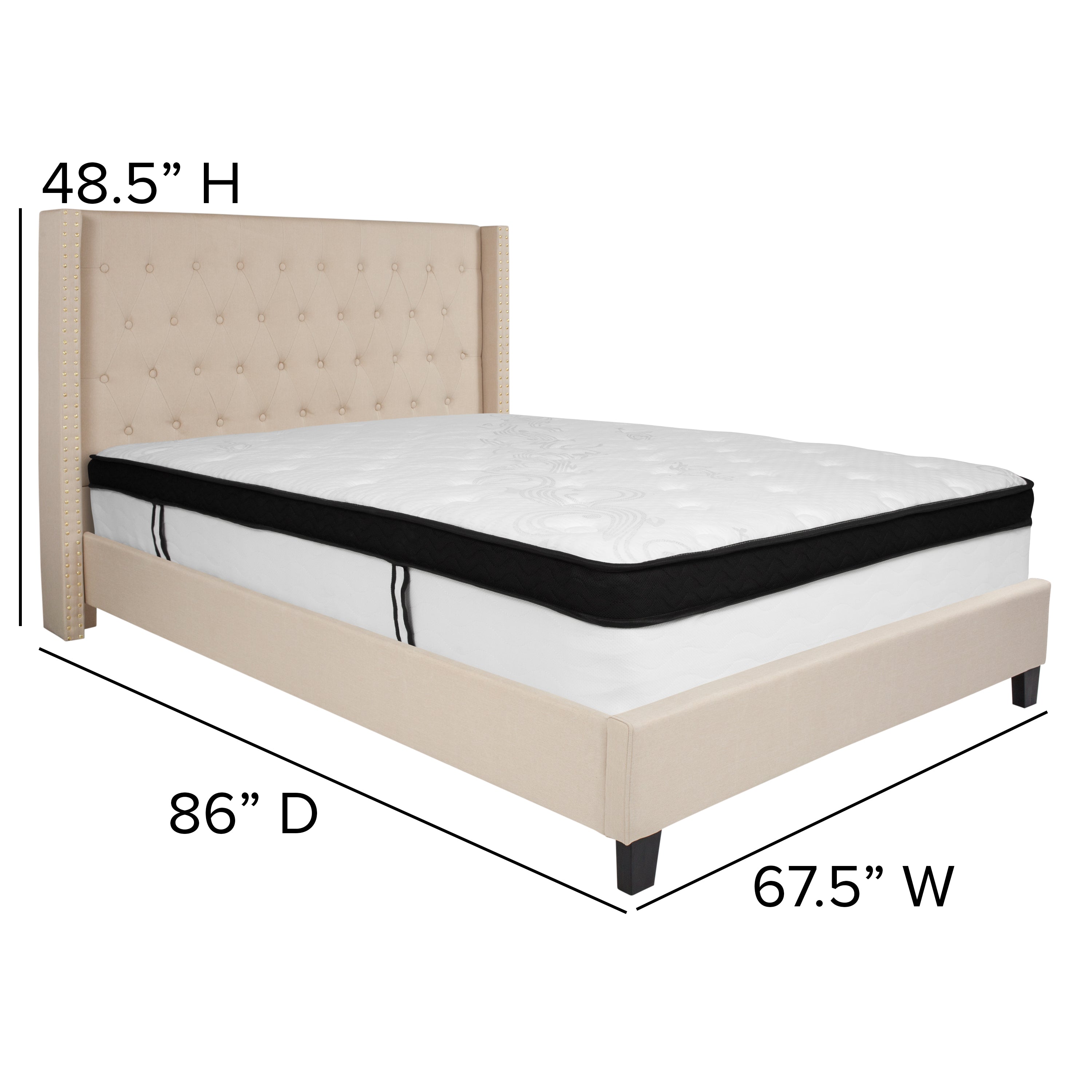 Riverdale Tufted Upholstered Platform Bed with Accent Nail Trimmed Extended Sides with Memory Foam Pocket Spring Mattress