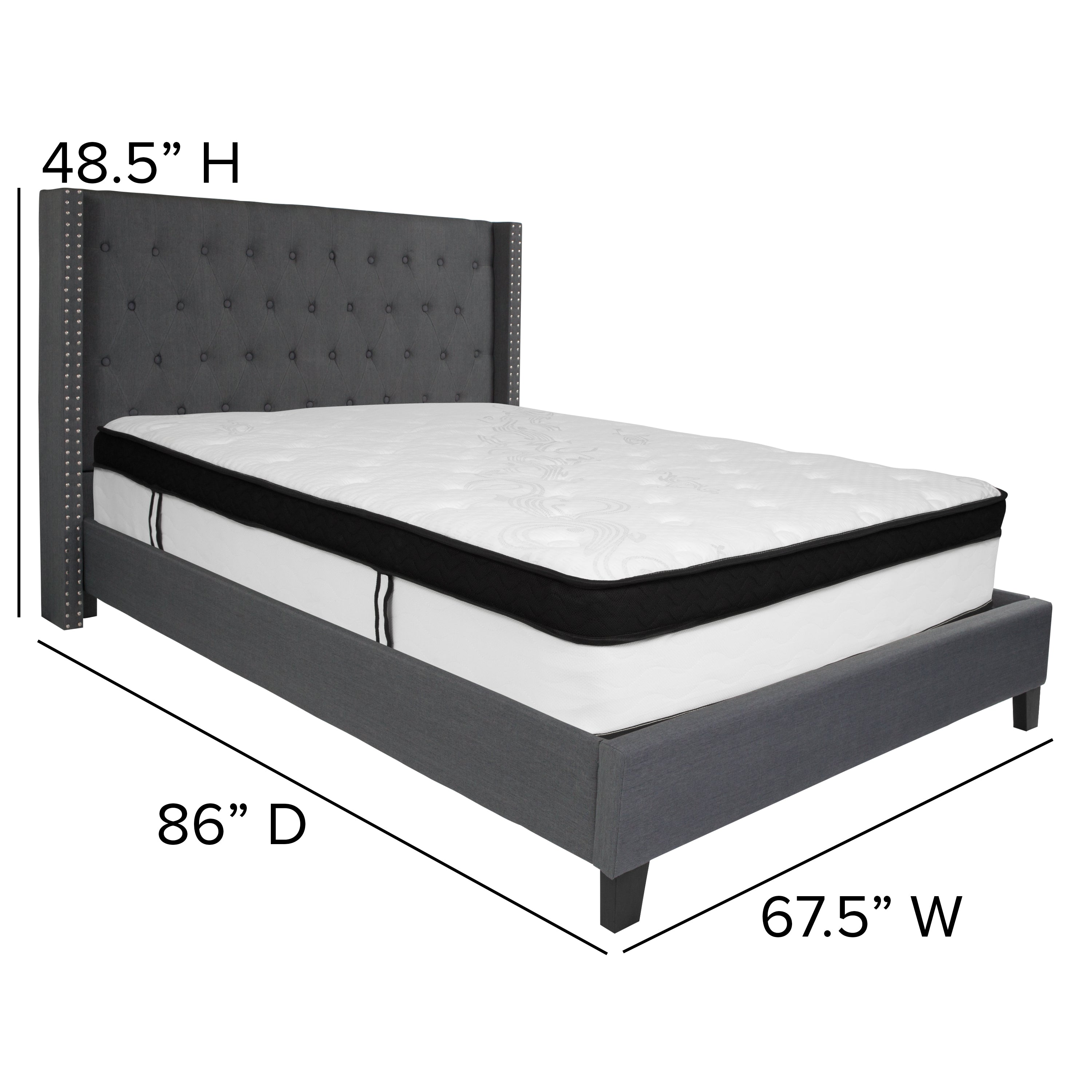 Riverdale Tufted Upholstered Platform Bed with Accent Nail Trimmed Extended Sides with Memory Foam Pocket Spring Mattress