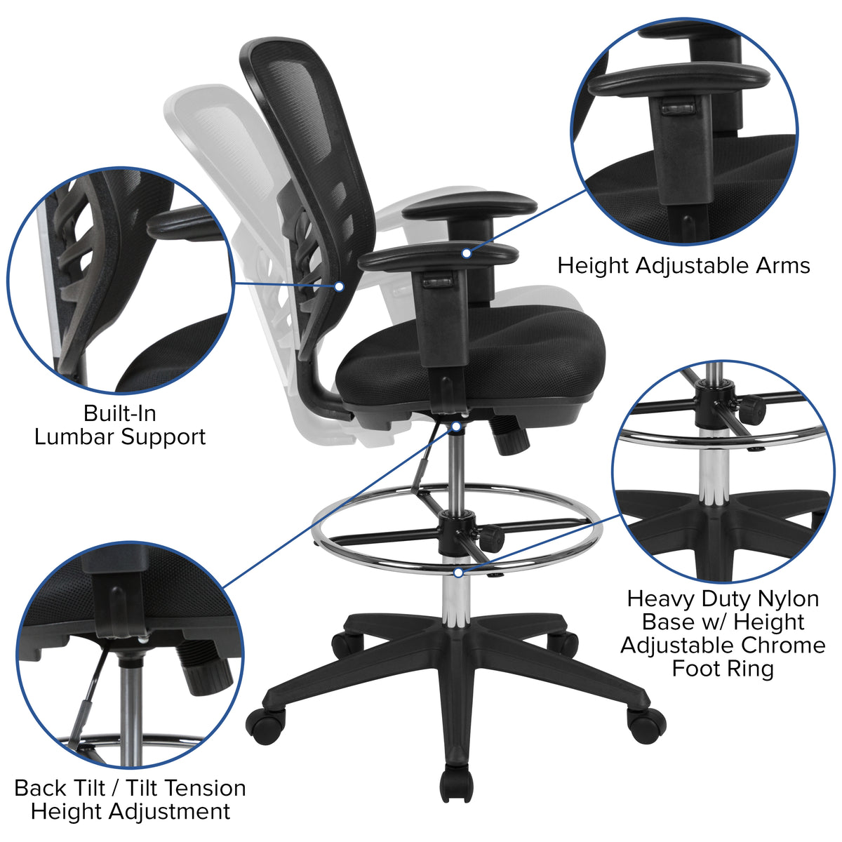 Mid-Back Mesh Ergonomic Drafting Chair with Adjustable Chrome Foot Ring, Adjustable Arms