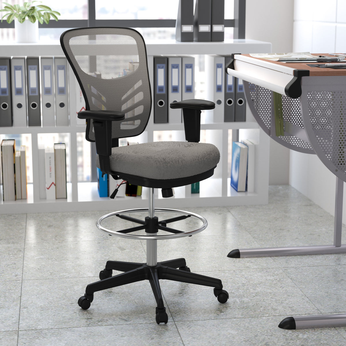 Mid-Back Mesh Ergonomic Drafting Chair with Adjustable Chrome Foot Ring, Adjustable Arms