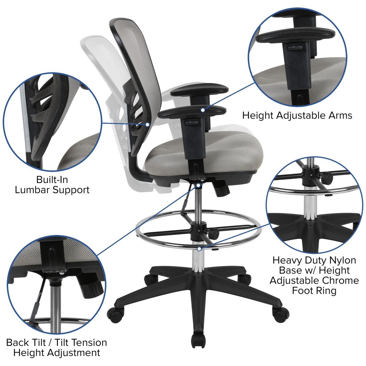 Mid-Back Mesh Ergonomic Drafting Chair with Adjustable Chrome Foot Ring, Adjustable Arms
