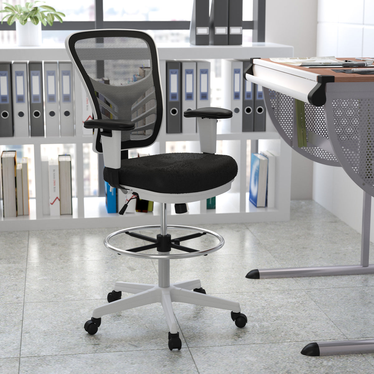 Mid-Back Mesh Ergonomic Drafting Chair with Adjustable Chrome Foot Ring, Adjustable Arms