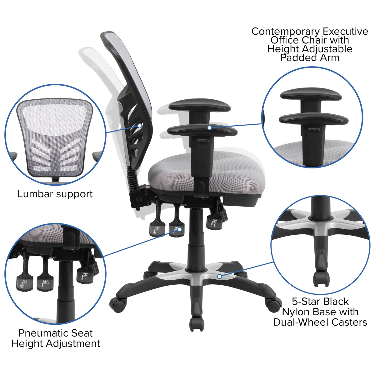Mid-Back Mesh Multifunction Executive Swivel Ergonomic Office Chair with Adjustable Arms