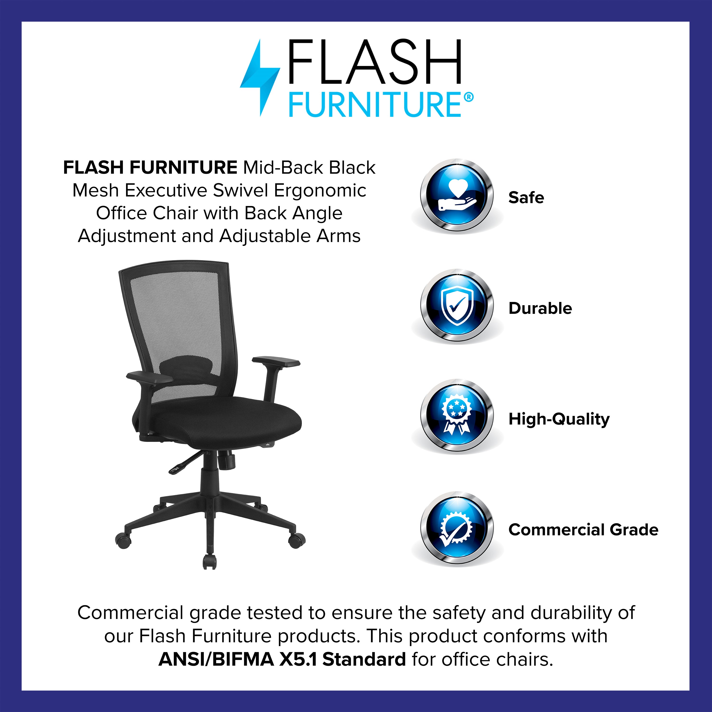 Mid-Back Mesh Executive Swivel Ergonomic Office Chair with Back Angle Adjustment and Adjustable Arms