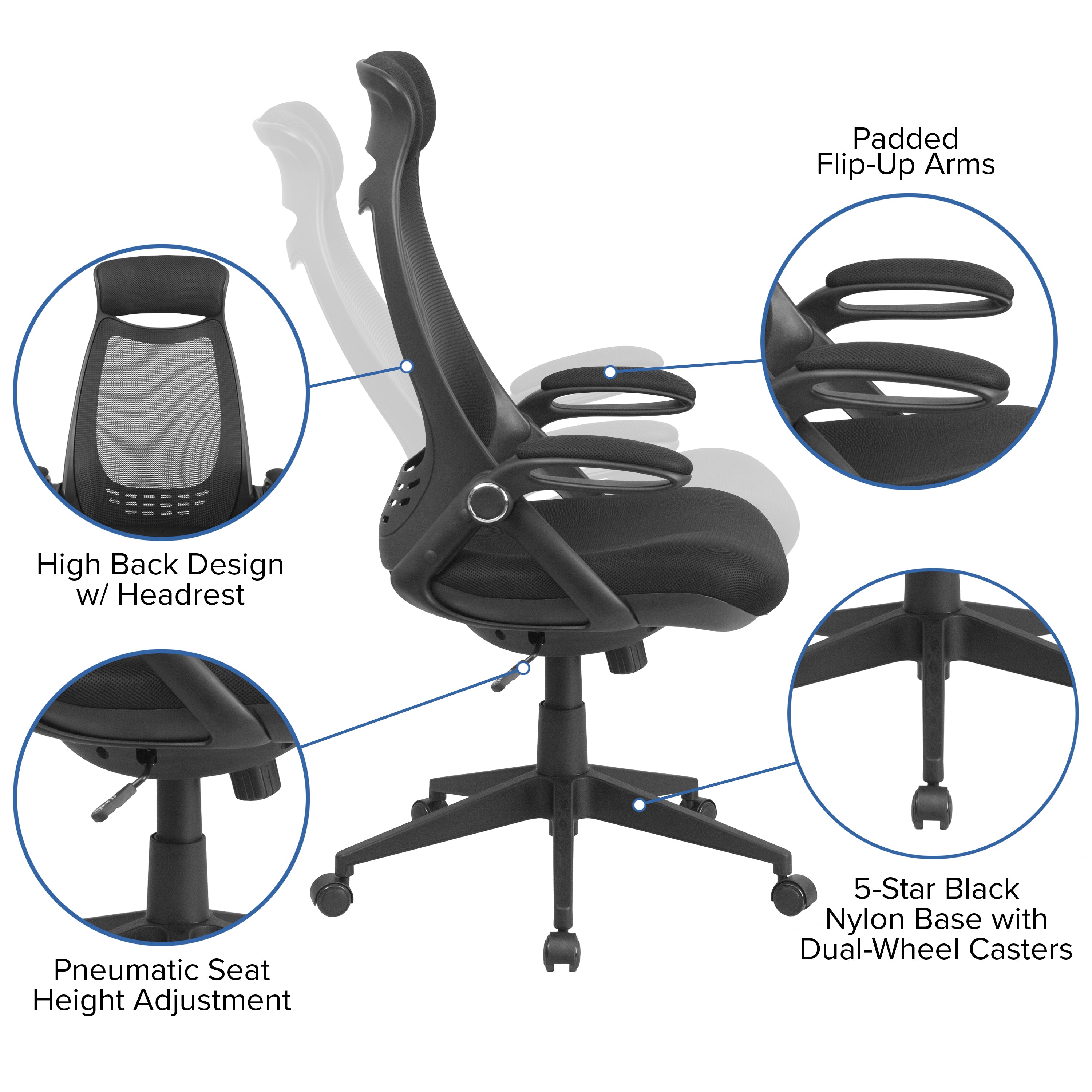 High Back Mesh Executive Swivel Office Chair with Flip-Up Arms