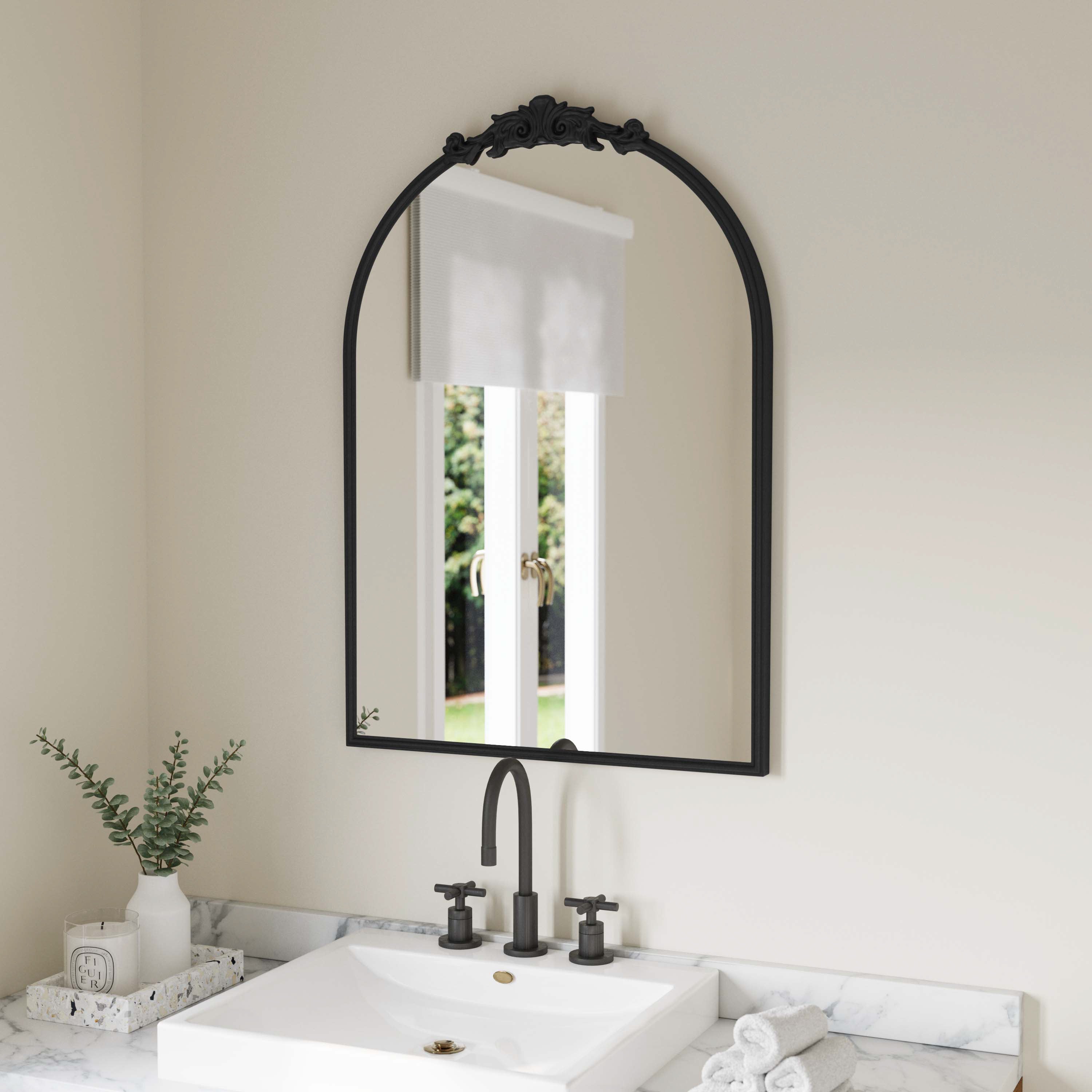 Esme Traditional Arched Wall Mirror with Baroque Detail - Large Accent Mirror for Bathroom, Entryway, Dining Room, & Living Room