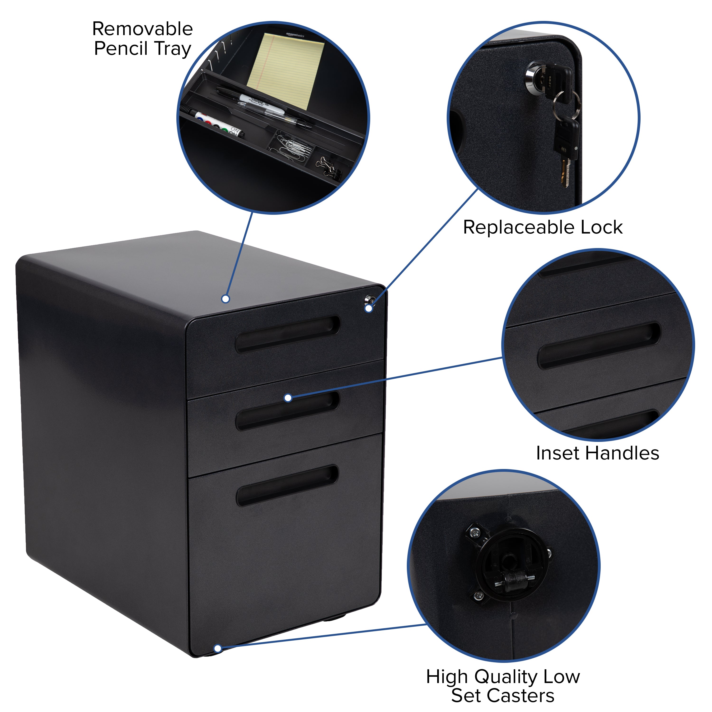 Ergonomic 3-Drawer Mobile Locking Filing Cabinet with Anti-Tilt Mechanism and Hanging Drawer for Legal & Letter Files