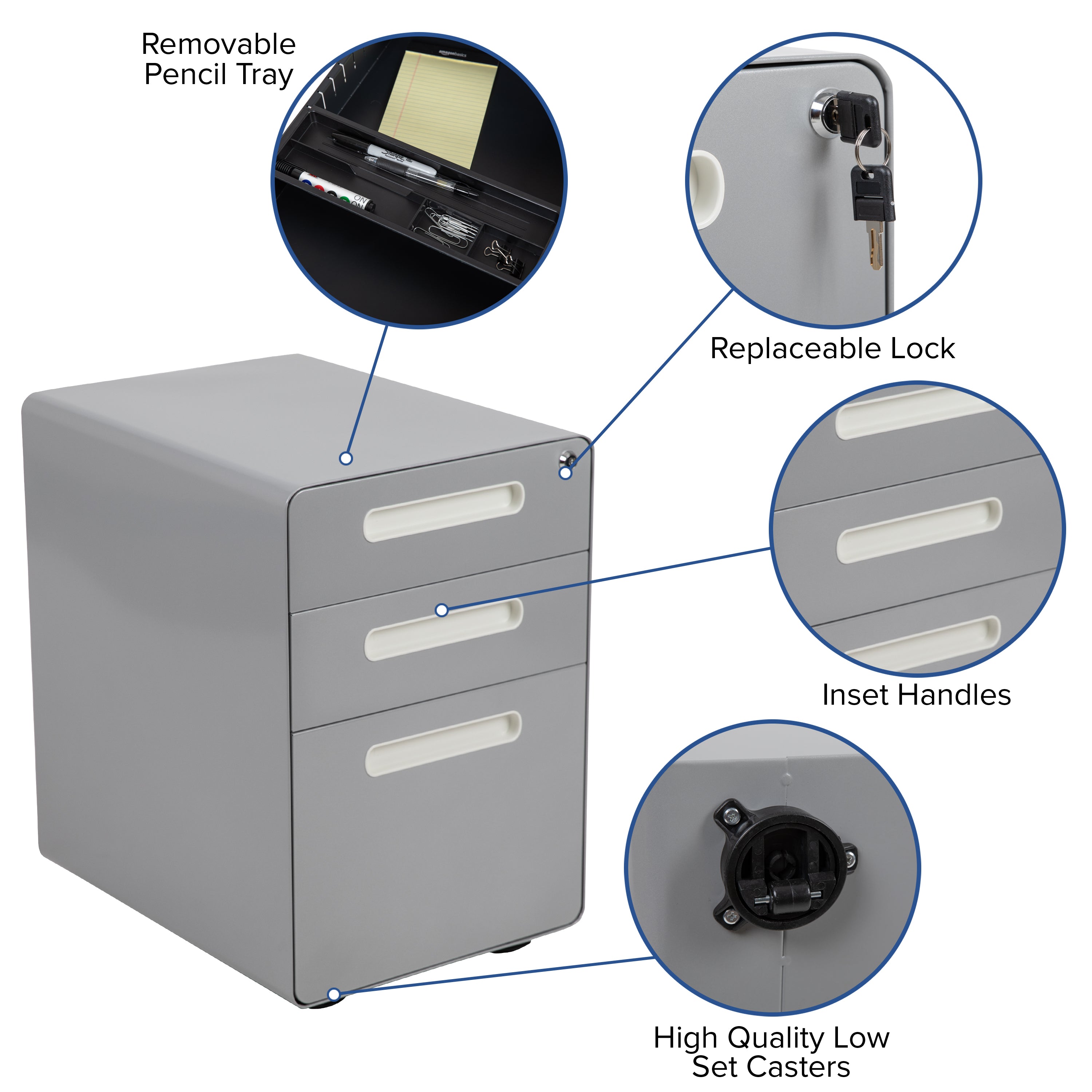 Ergonomic 3-Drawer Mobile Locking Filing Cabinet with Anti-Tilt Mechanism and Hanging Drawer for Legal & Letter Files