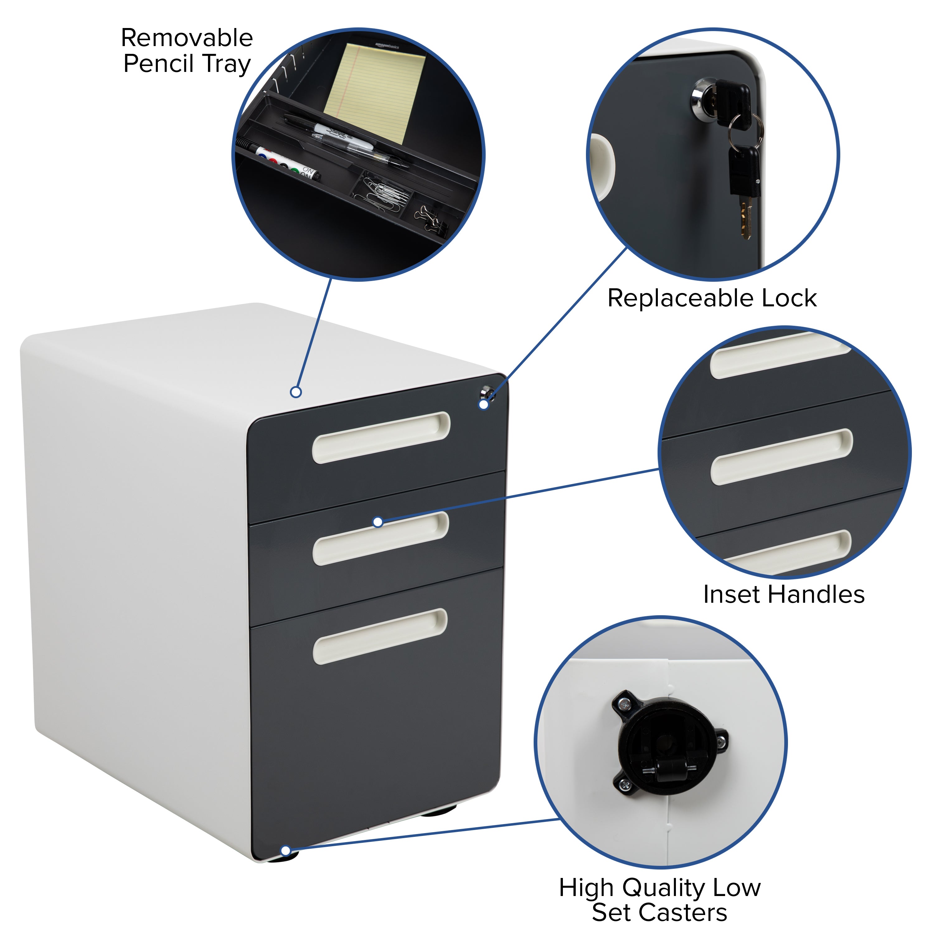 Ergonomic 3-Drawer Mobile Locking Filing Cabinet with Anti-Tilt Mechanism and Hanging Drawer for Legal & Letter Files