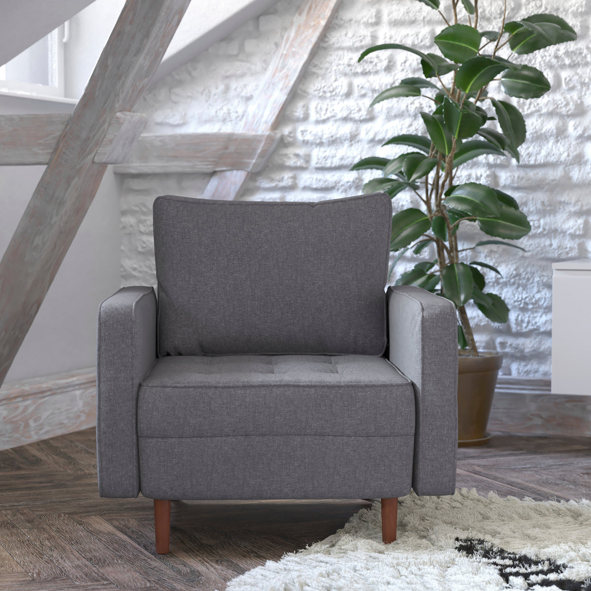 Hudson Mid-Century Modern Commercial Grade Armchair with Tufted Faux Linen Upholstery & Solid Wood Legs
