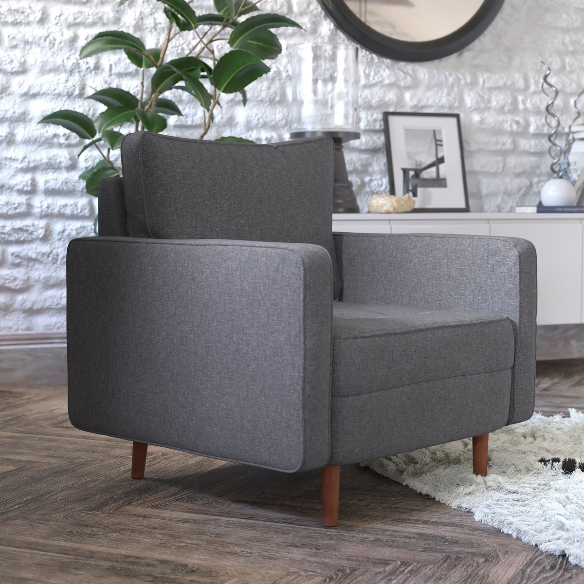 Hudson Mid-Century Modern Commercial Grade Armchair with Tufted Faux Linen Upholstery & Solid Wood Legs