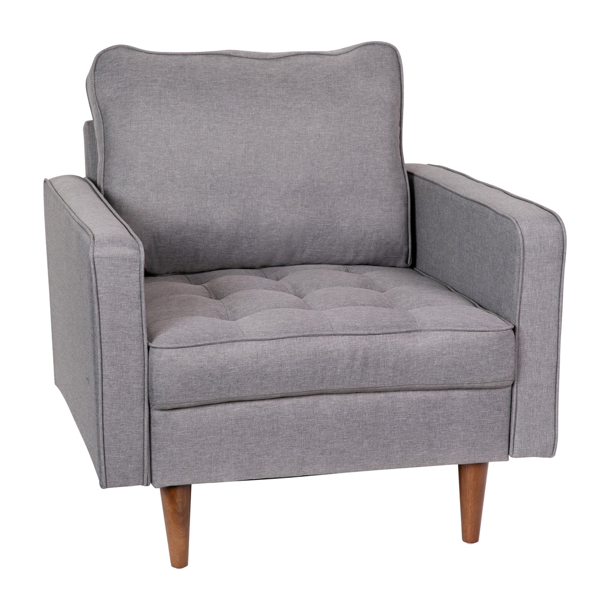 Hudson Mid-Century Modern Commercial Grade Armchair with Tufted Faux Linen Upholstery & Solid Wood Legs