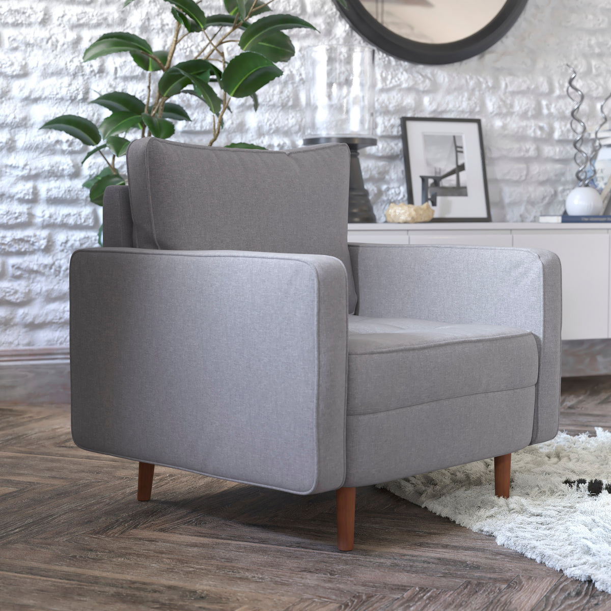 Hudson Mid-Century Modern Commercial Grade Armchair with Tufted Faux Linen Upholstery & Solid Wood Legs