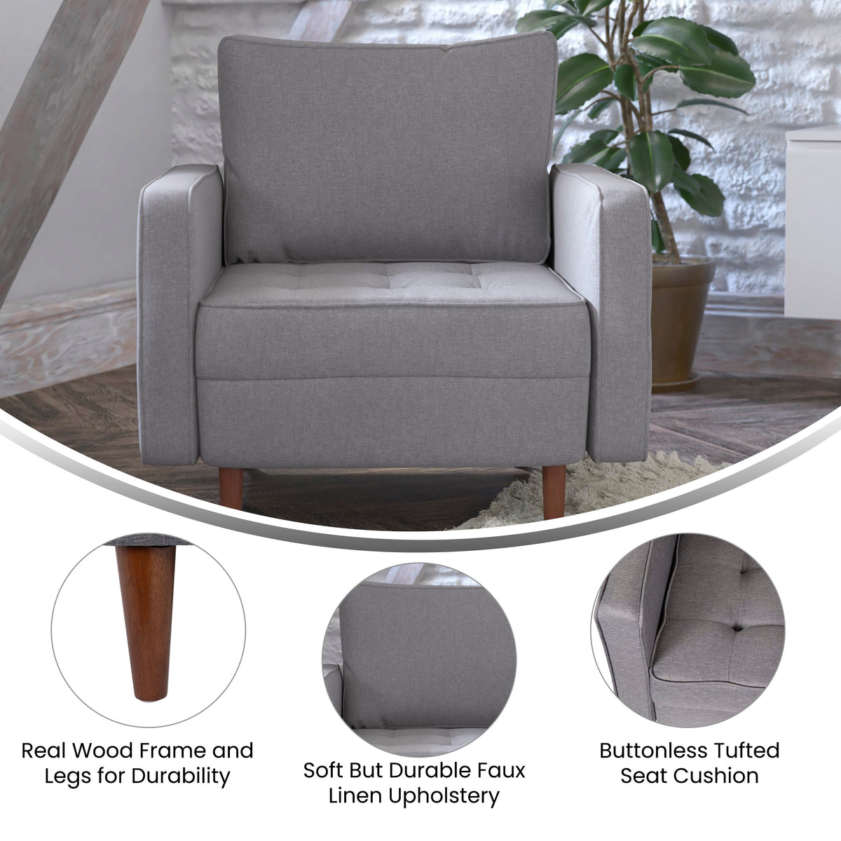 Hudson Mid-Century Modern Commercial Grade Armchair with Tufted Faux Linen Upholstery & Solid Wood Legs