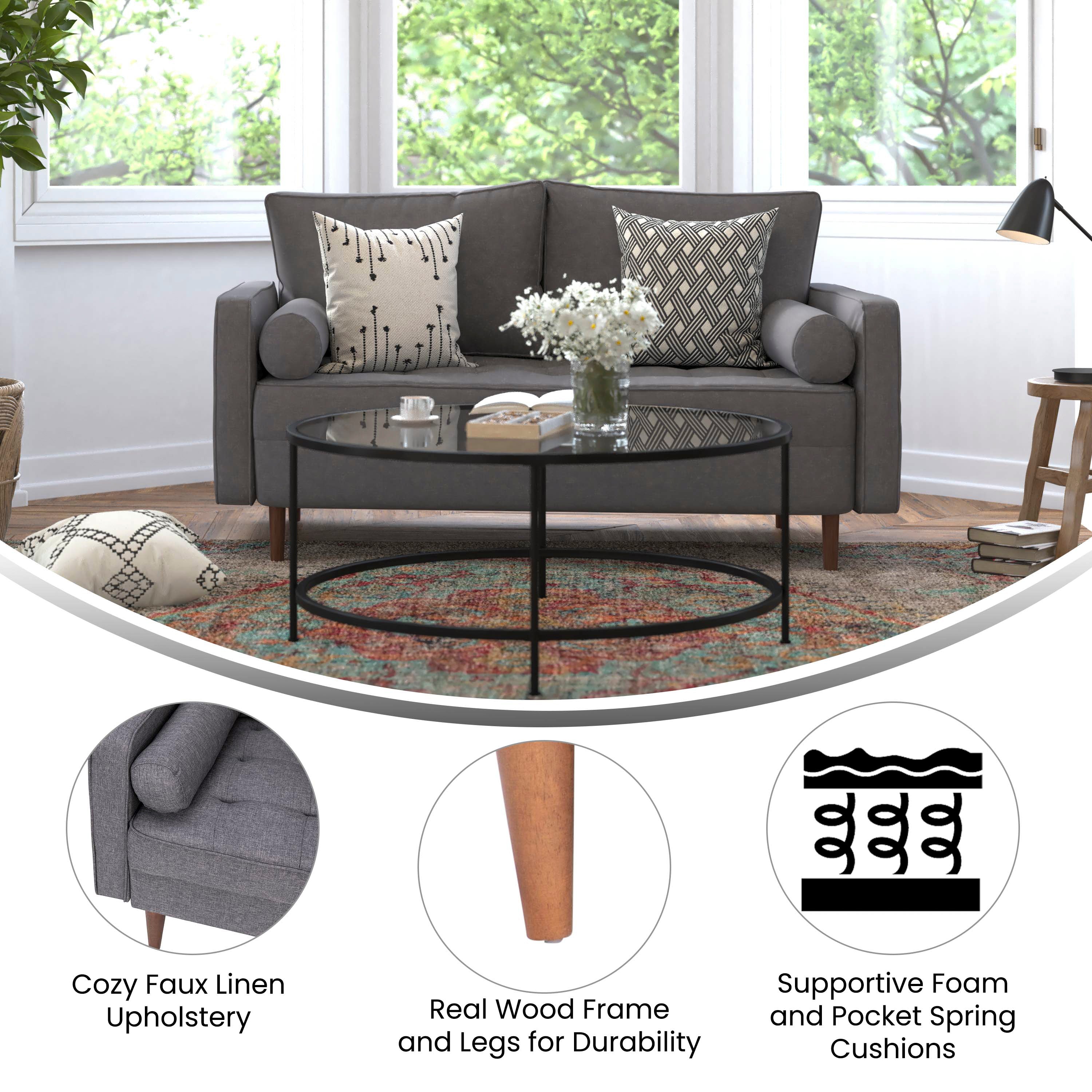 Hudson Mid-Century Modern Loveseat Sofa with Tufted Upholstery & Solid Wood Legs