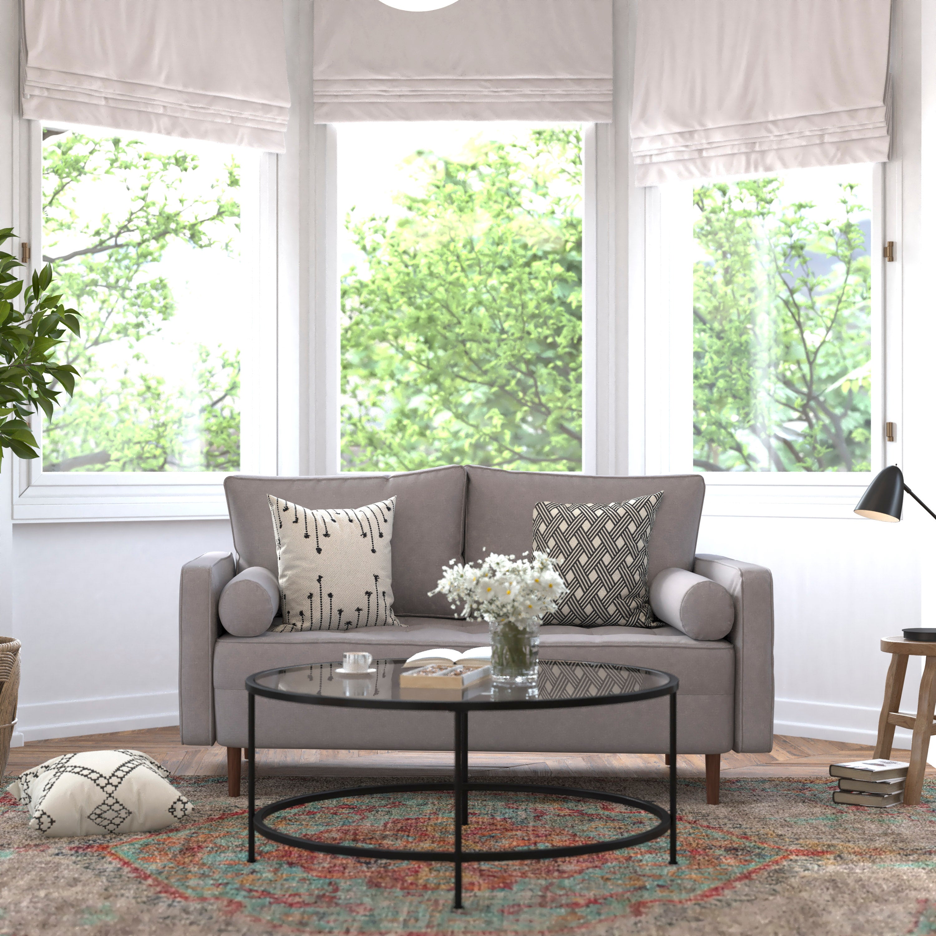Hudson Mid-Century Modern Loveseat Sofa with Tufted Upholstery & Solid Wood Legs