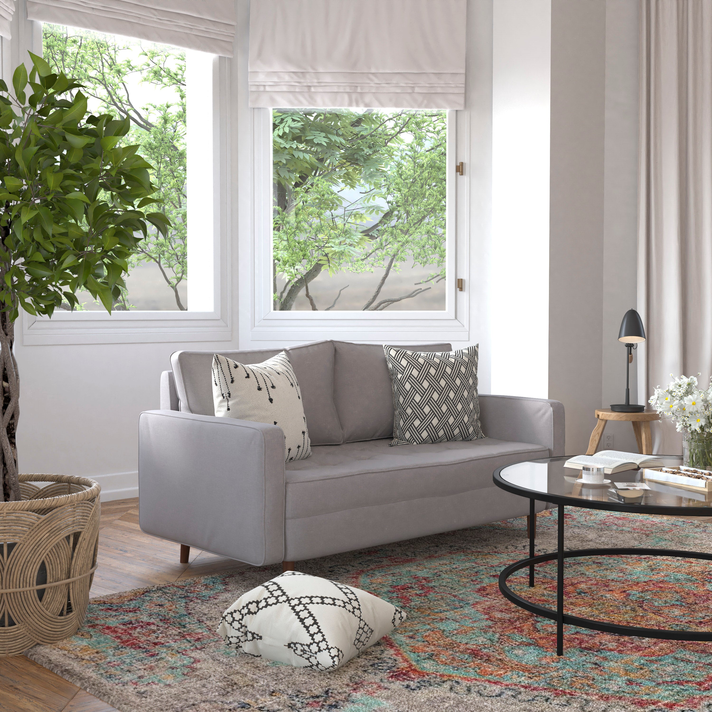 Hudson Mid-Century Modern Loveseat Sofa with Tufted Upholstery & Solid Wood Legs