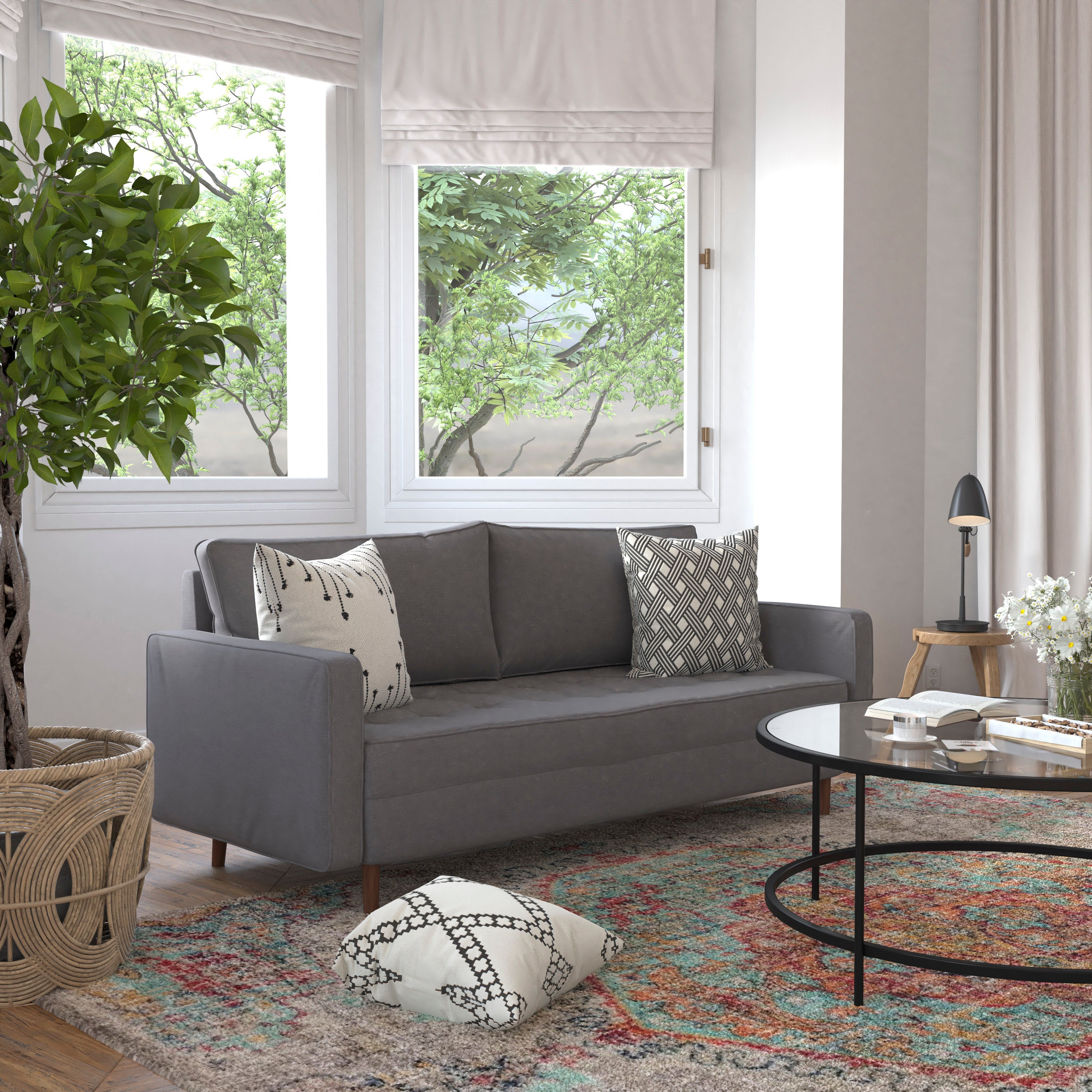 Hudson Mid-Century Modern Sofa with Tufted Upholstery & Solid Wood Legs