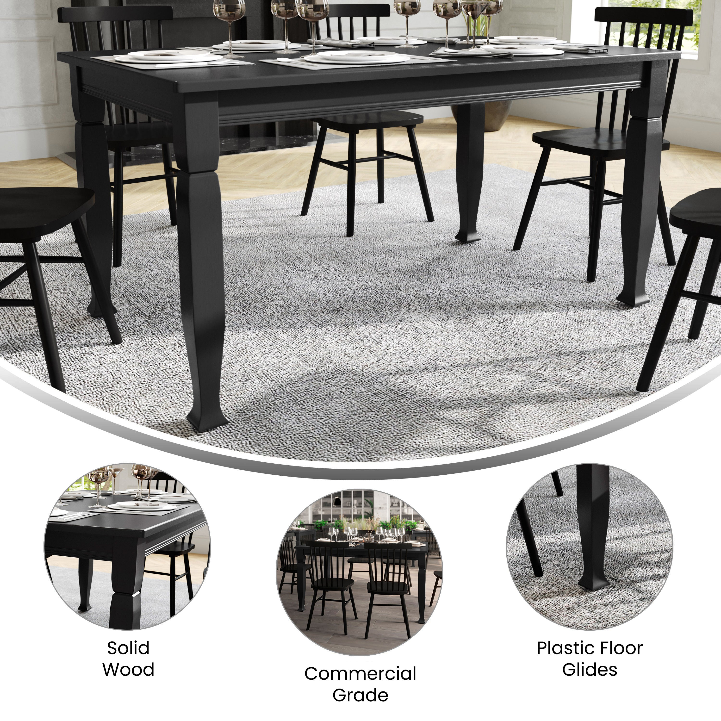 Grace Solid Wood Dining Table with Turned Wooden Legs, Heavy Duty Rectangle Wood Table for 6