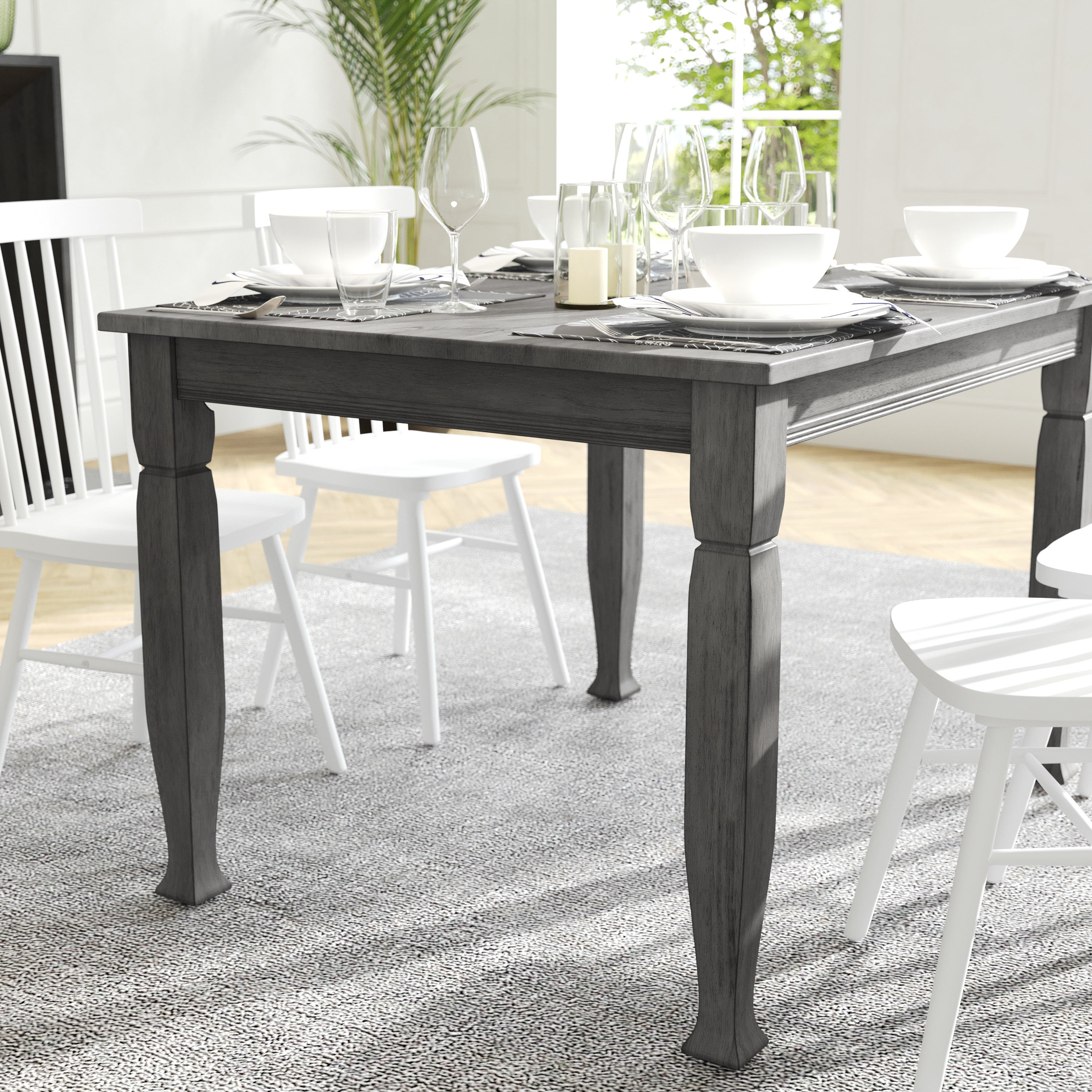 Grace Solid Wood Dining Table with Turned Wooden Legs, Heavy Duty Rectangle Wood Table for 4
