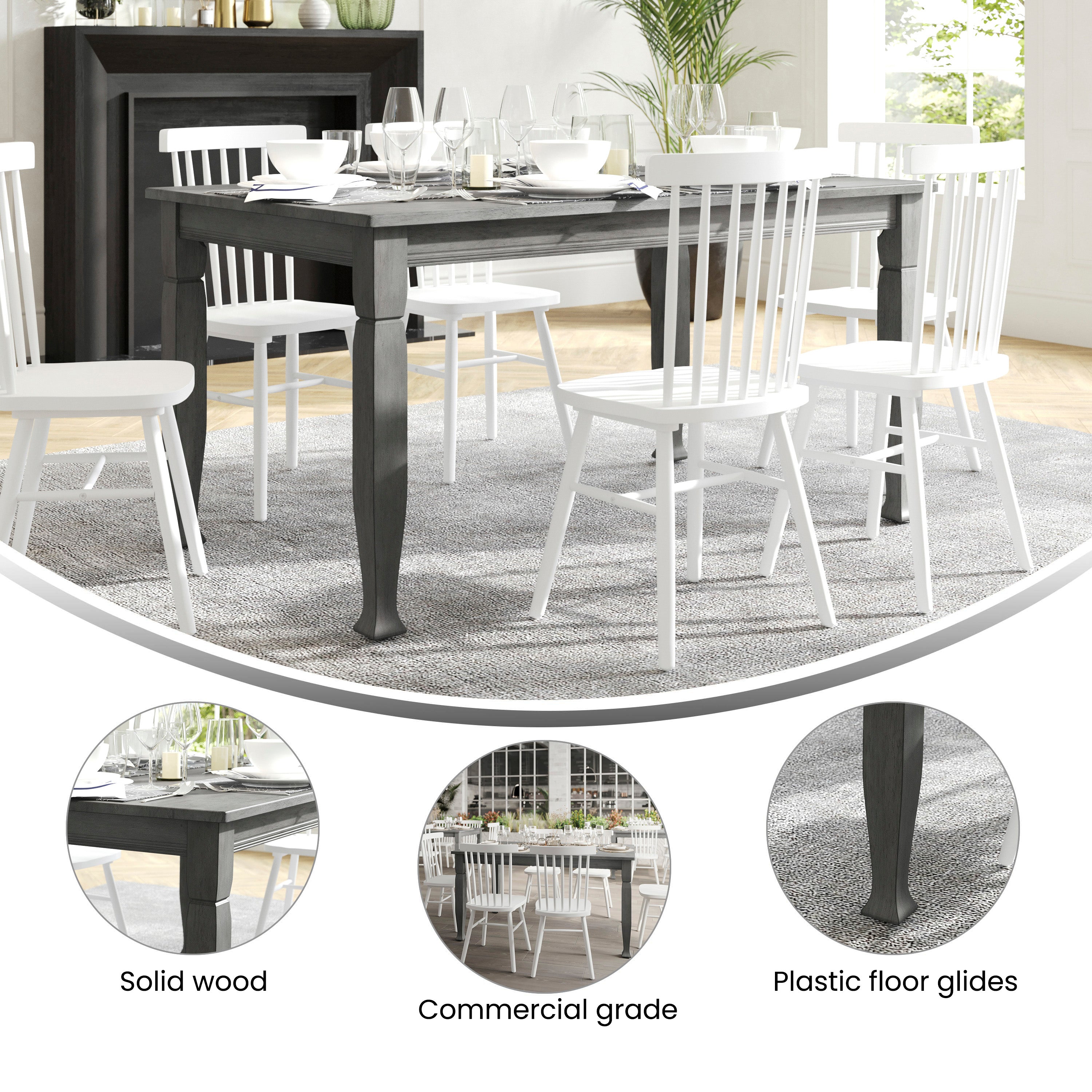 Grace Solid Wood Dining Table with Turned Wooden Legs, Heavy Duty Rectangle Wood Table for 6