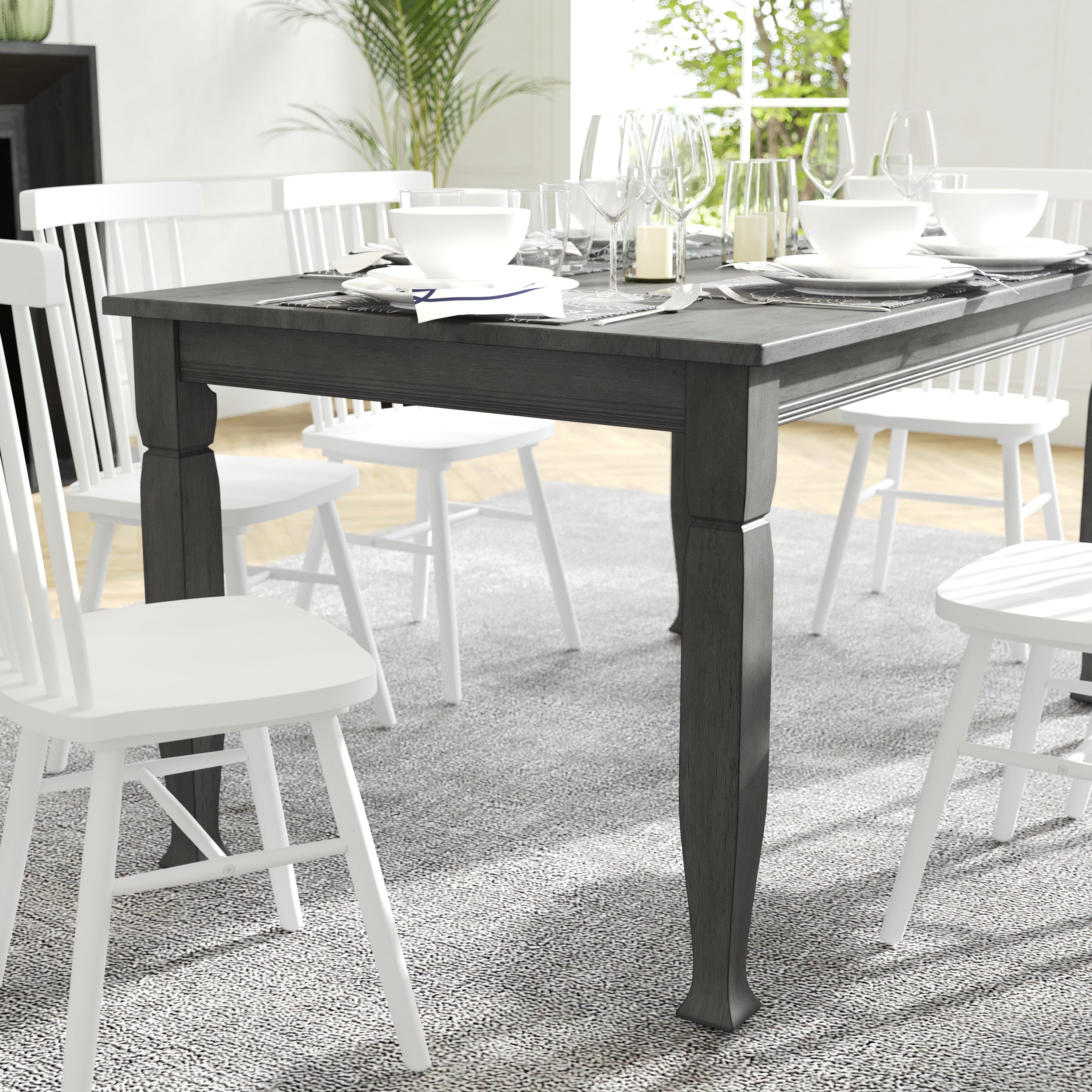 Grace Solid Wood Dining Table with Turned Wooden Legs, Heavy Duty Rectangle Wood Table for 6