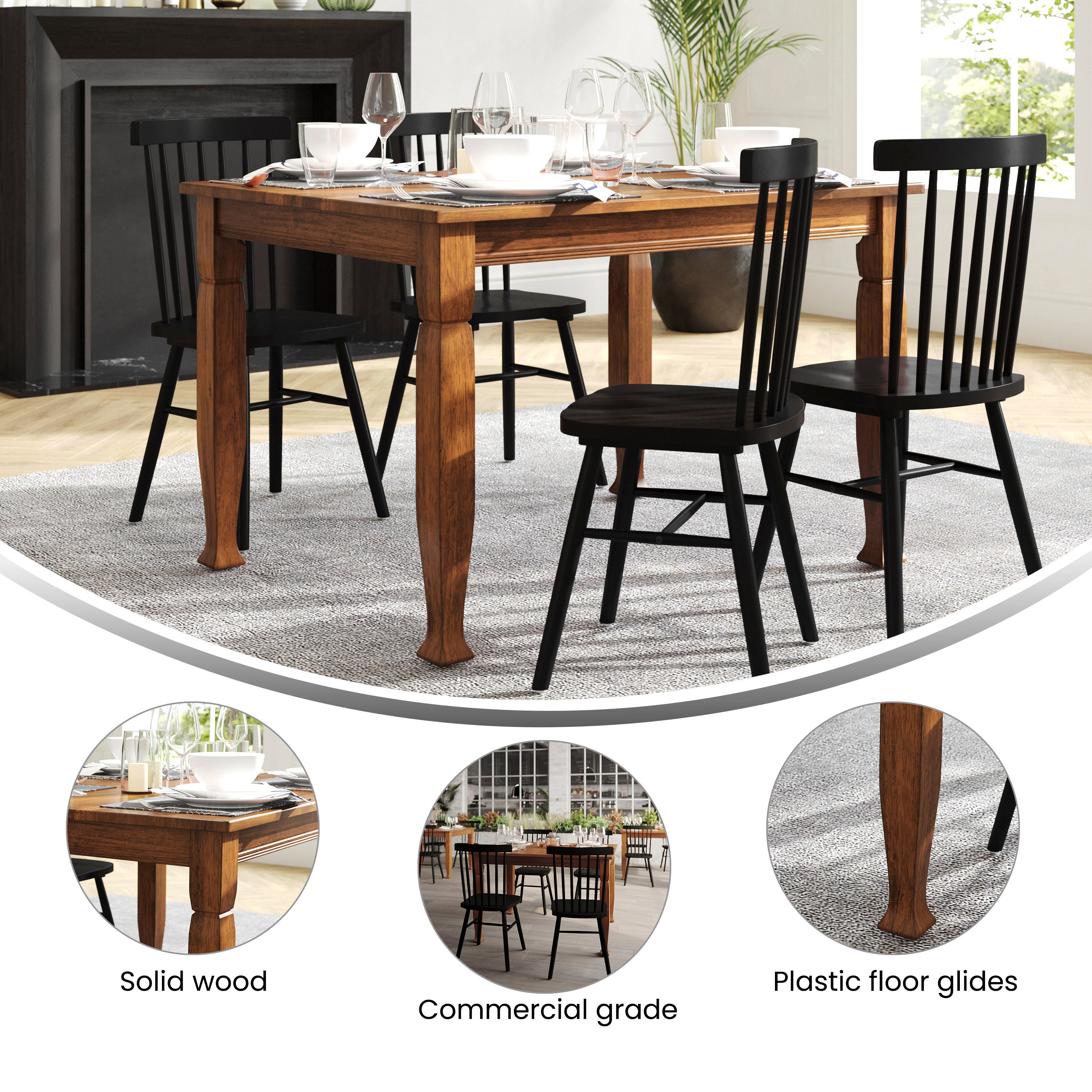 Grace Solid Wood Dining Table with Turned Wooden Legs, Heavy Duty Rectangle Wood Table for 4