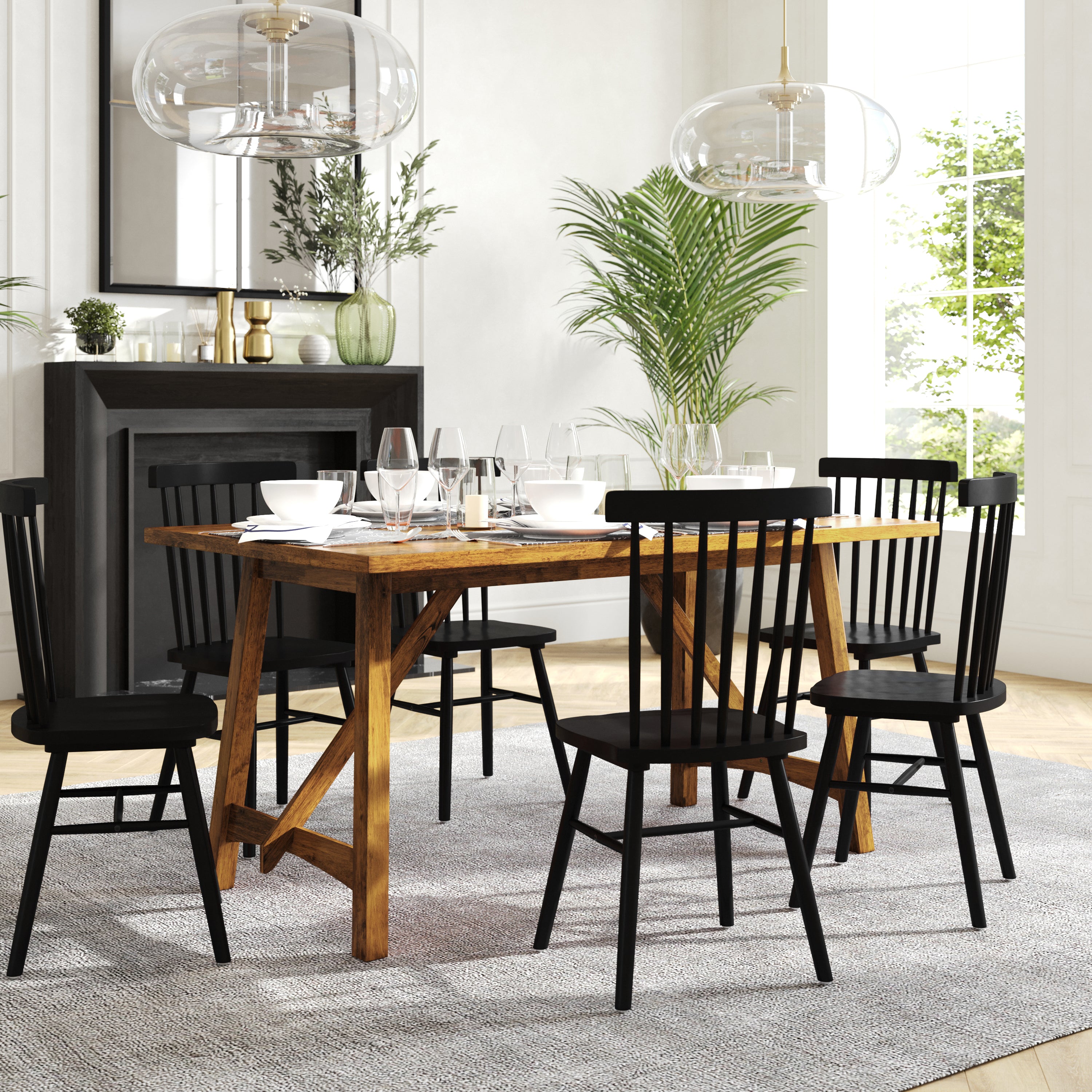 Everly Solid Wood Trestle Base Dining Table, Farmhouse Style Table with Seating for 6