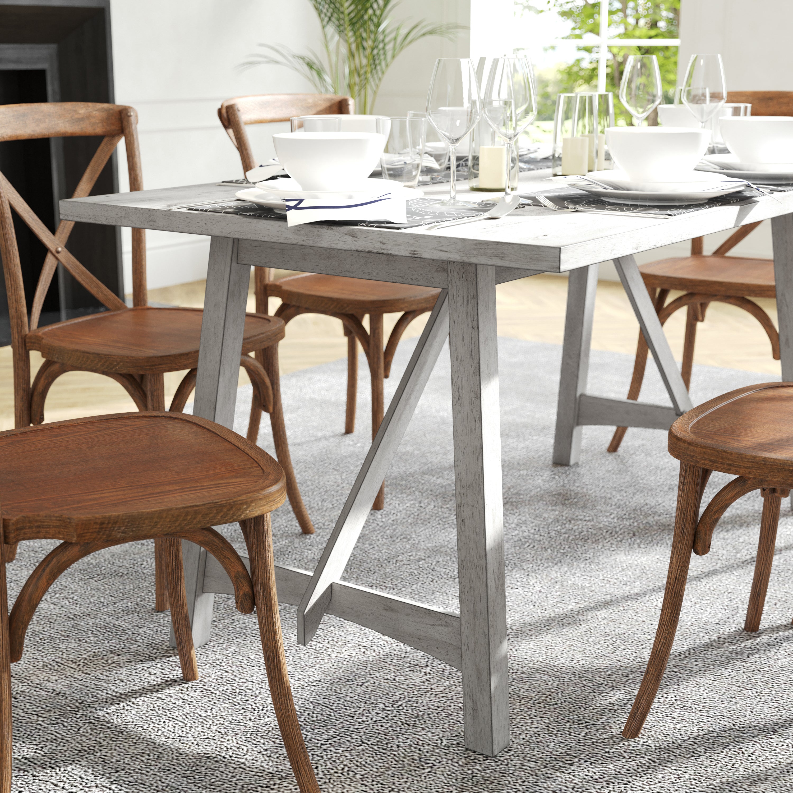 Everly Solid Wood Trestle Base Dining Table, Farmhouse Style Table with Seating for 6