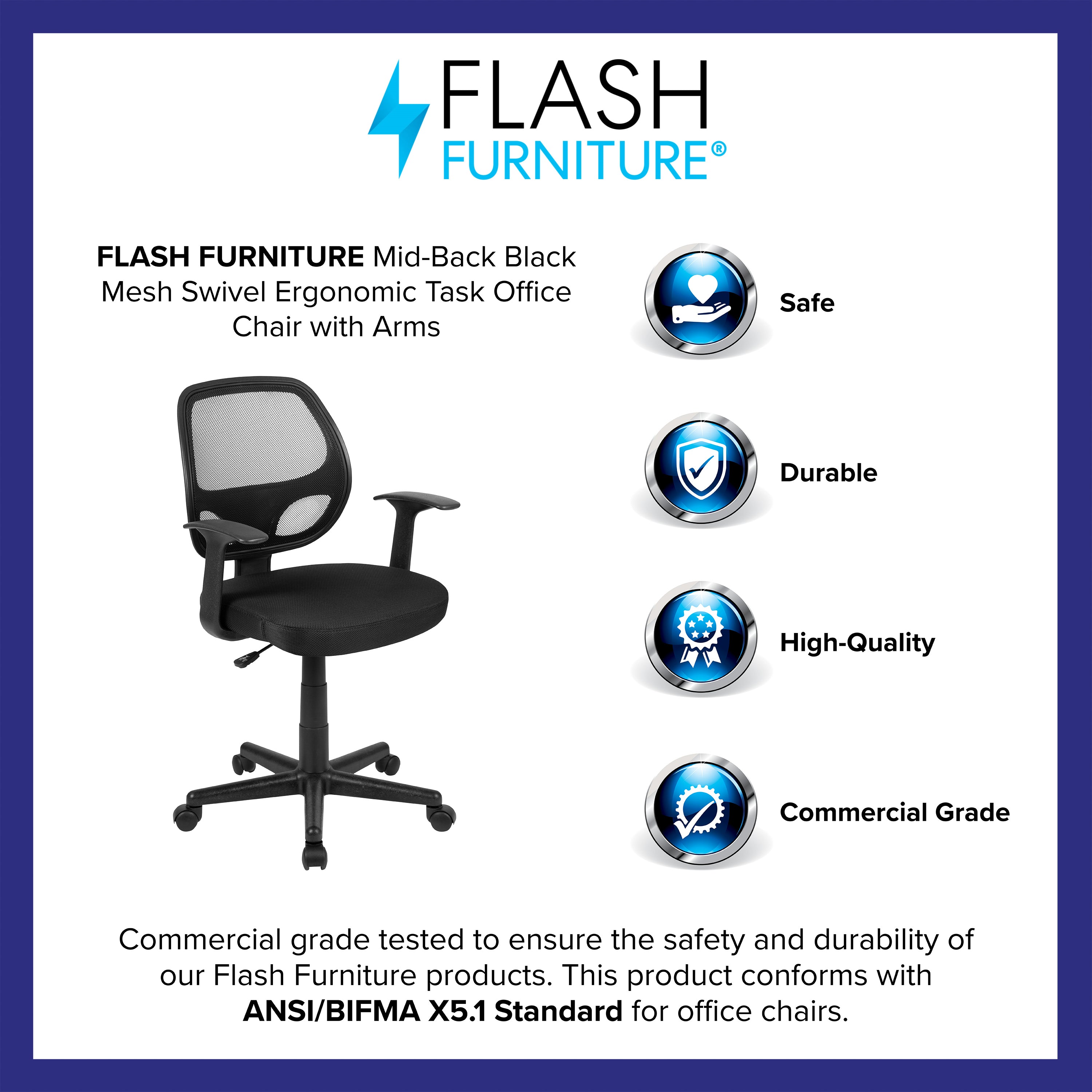 Flash Fundamentals Mid-Back Mesh Swivel Ergonomic Task Office Chair with Arms