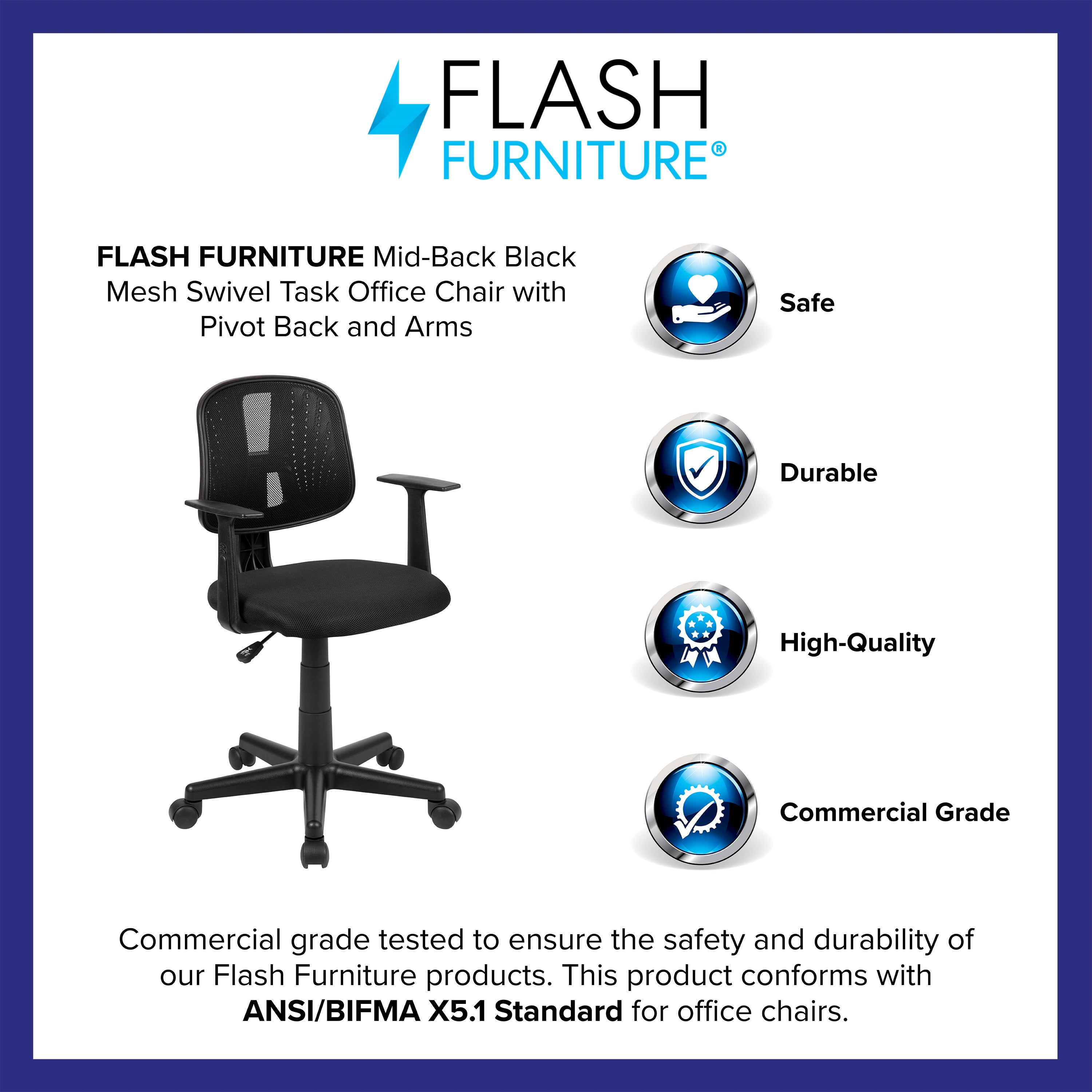 Flash Fundamentals Mid-Back Mesh Swivel Task Office Chair with Pivot Back and Arms