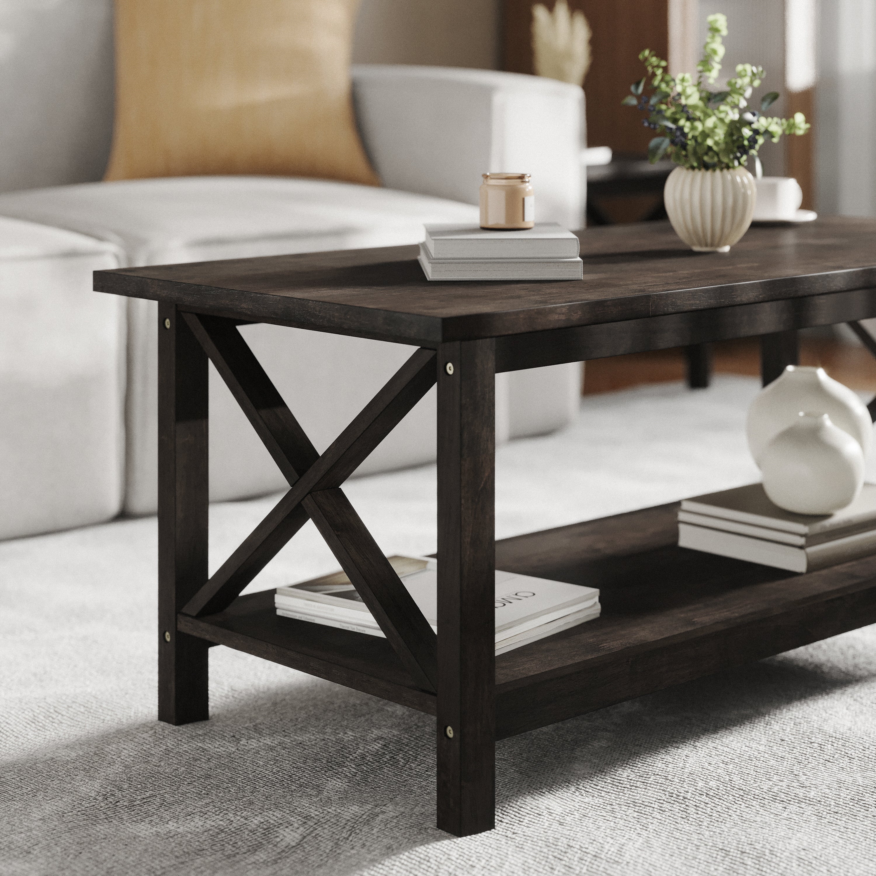Jasper Farmhouse Style Solid Wood Coffee Table with Traditional Crisscross Accents