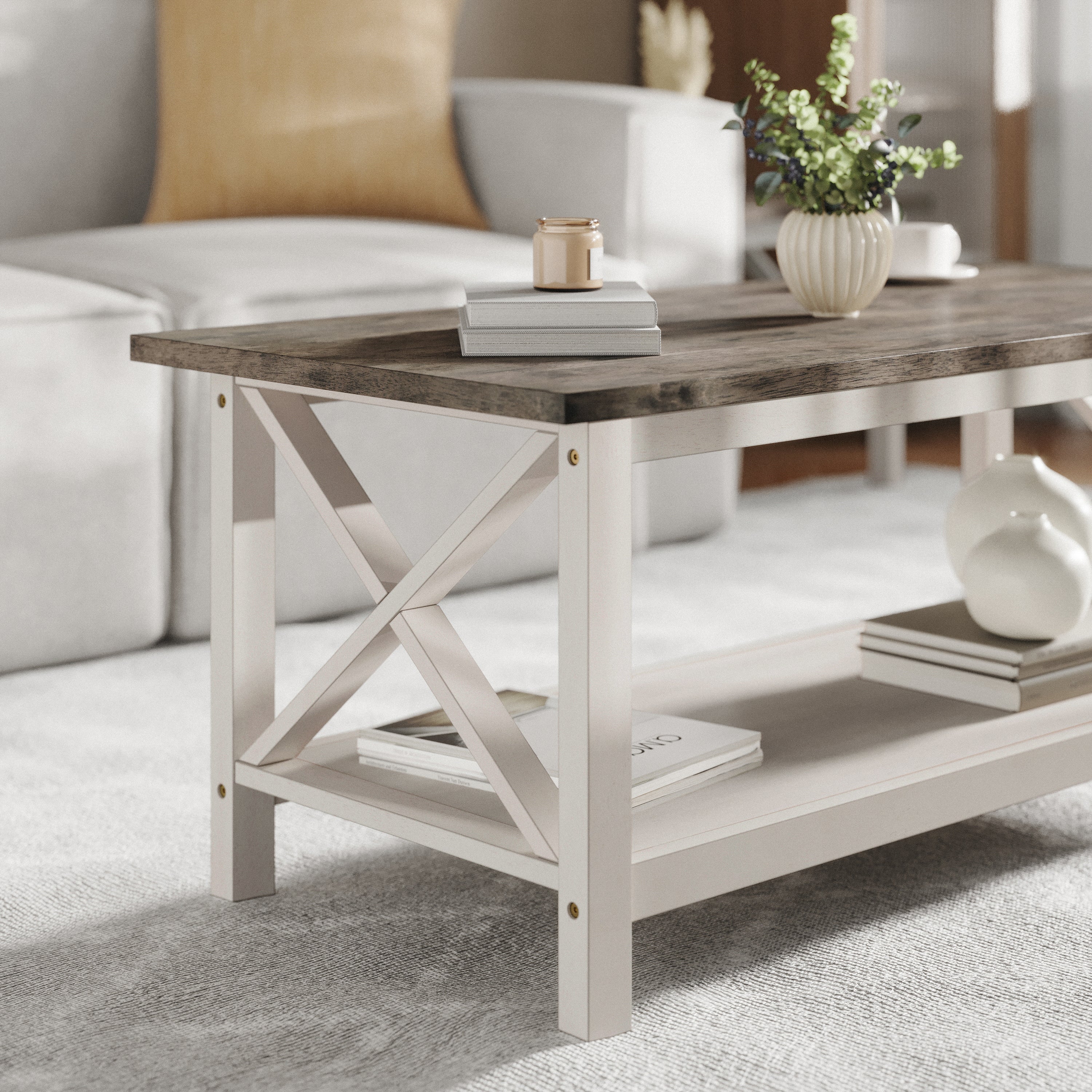 Jasper Farmhouse Style Solid Wood Coffee Table with Traditional Crisscross Accents