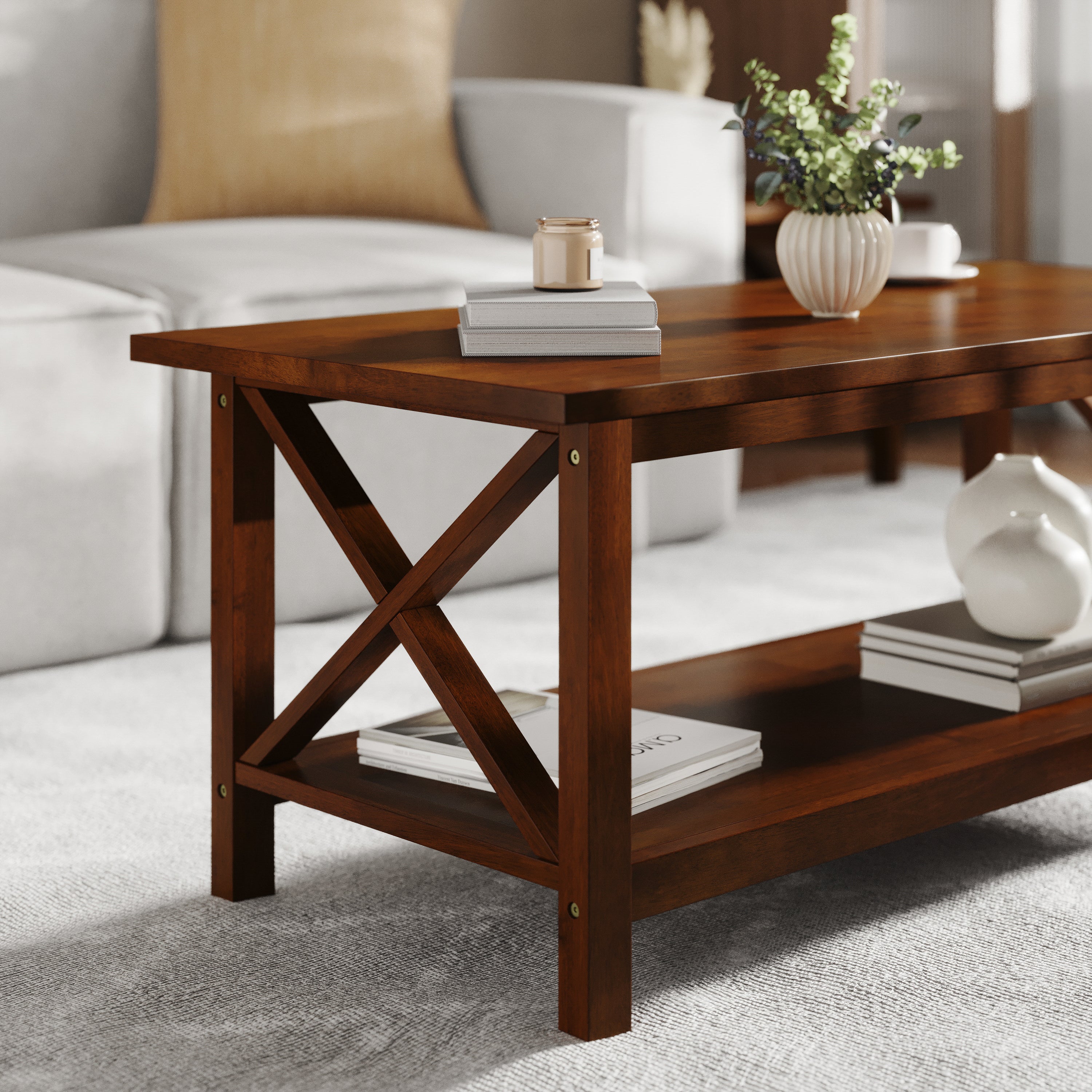 Jasper Farmhouse Style Solid Wood Coffee Table with Traditional Crisscross Accents