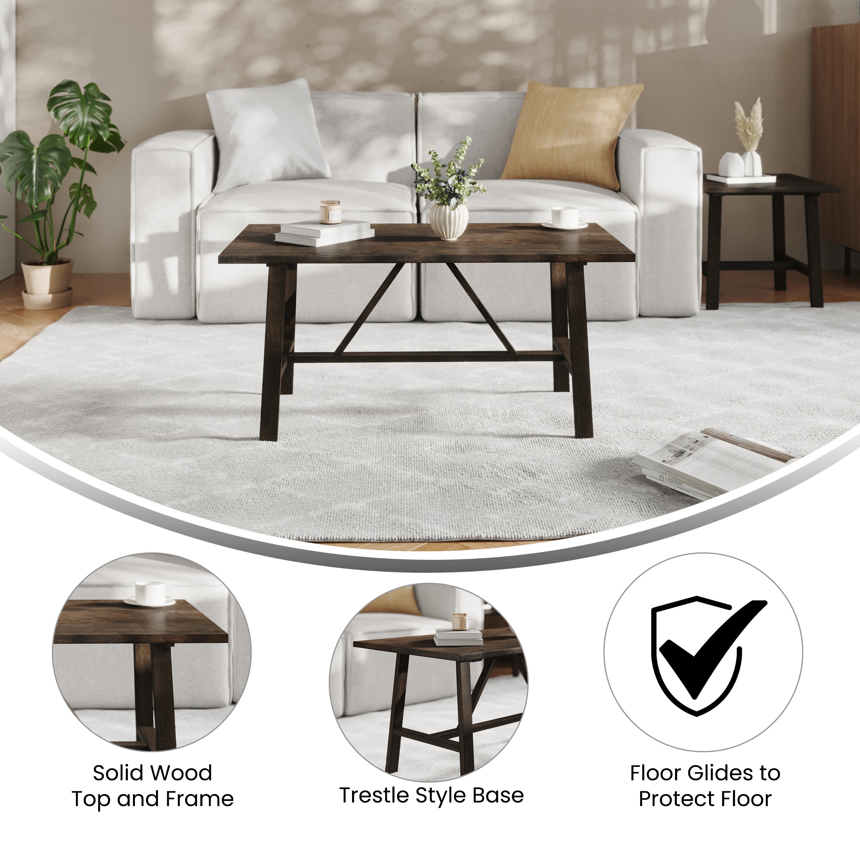 Eli Solid Wood Farmhouse Coffee Table, Trestle Style Accent Table