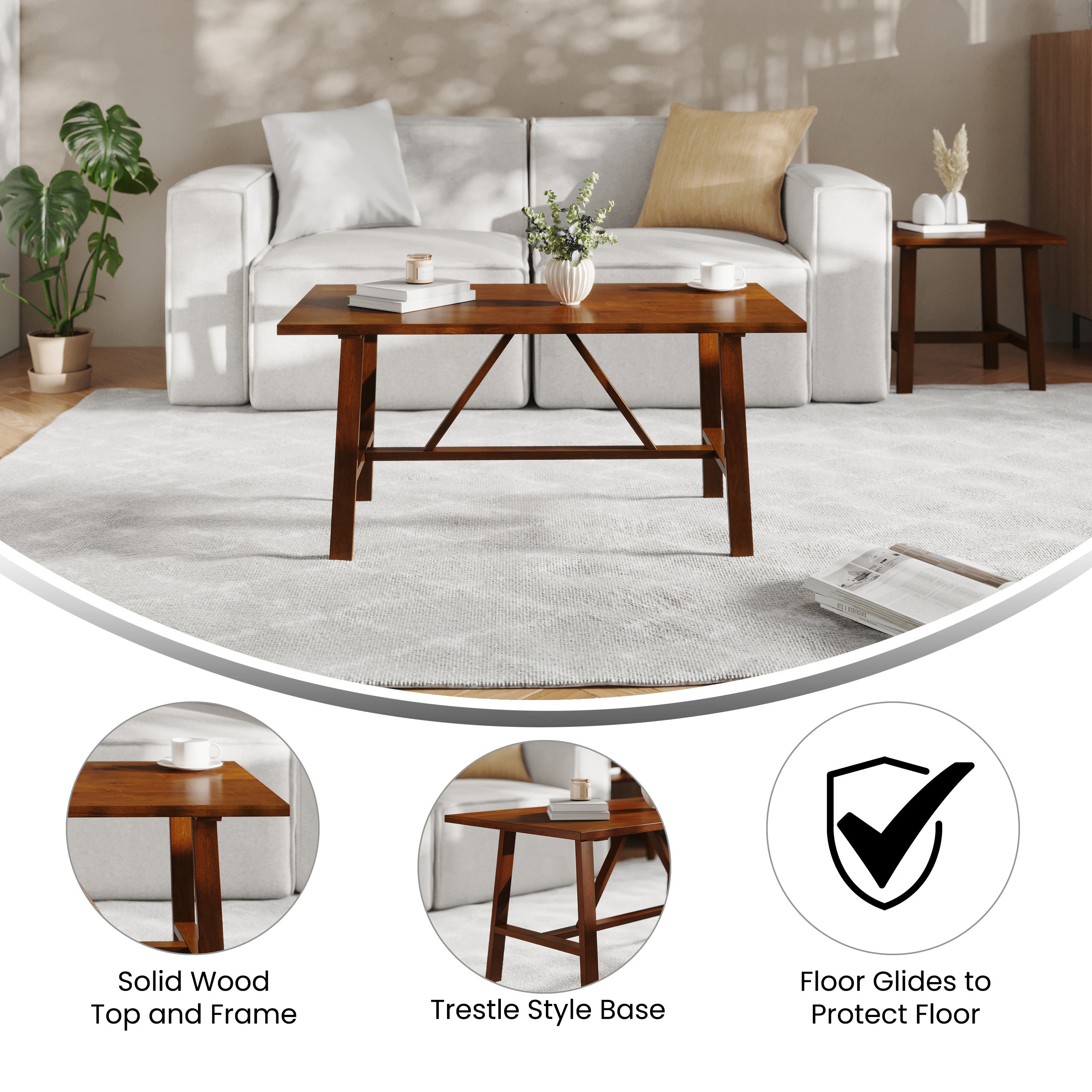 Eli Solid Wood Farmhouse Coffee Table, Trestle Style Accent Table