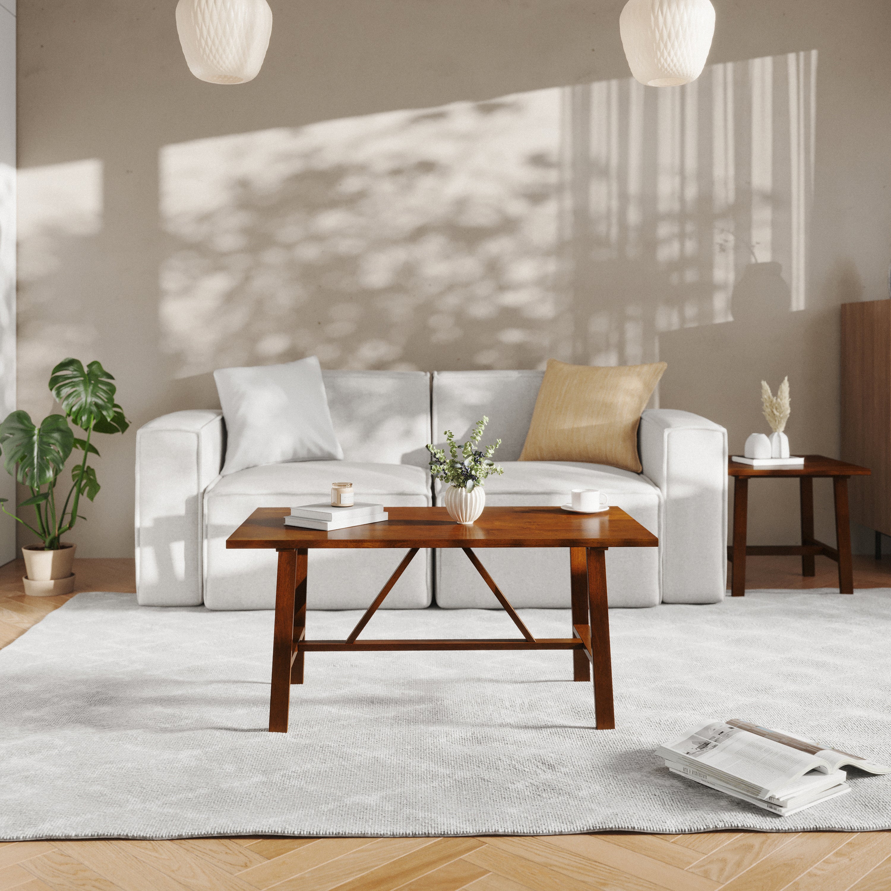 Eli Solid Wood Farmhouse Coffee Table, Trestle Style Accent Table